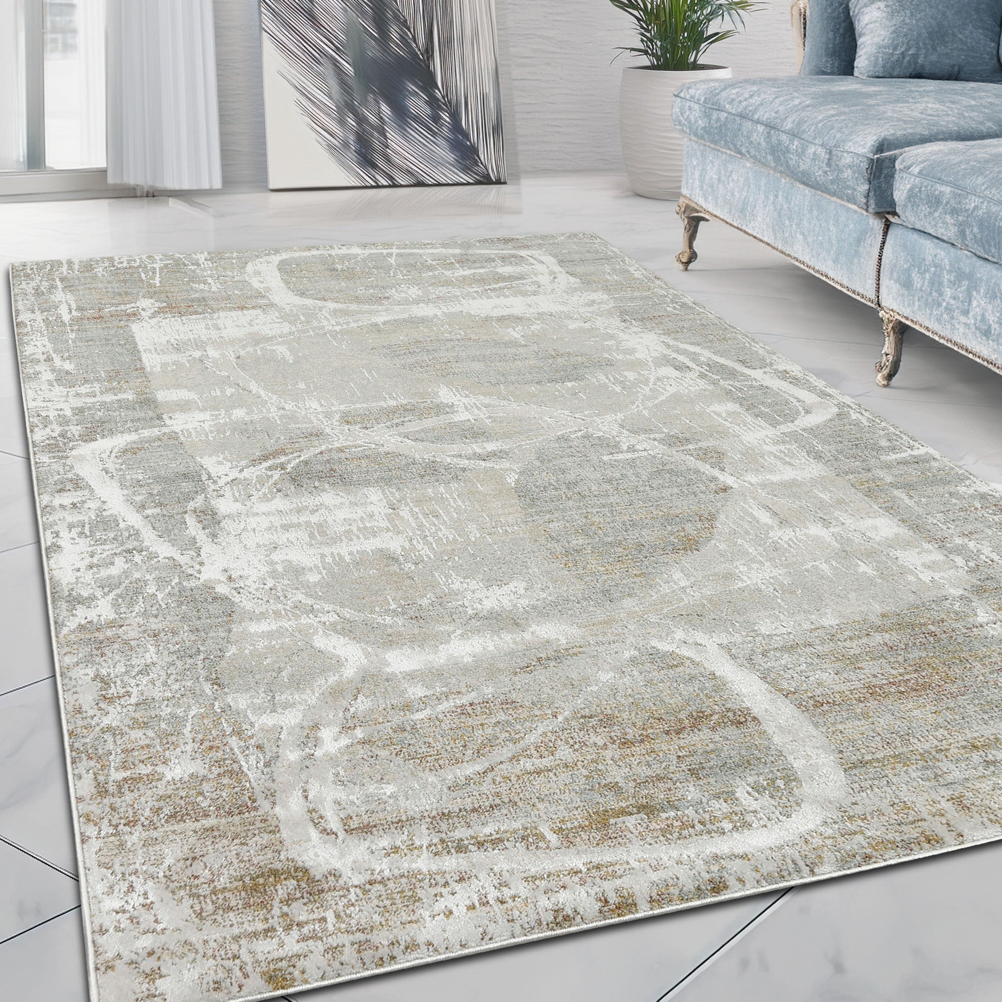 Modern area rug with white, gray, and beige colors