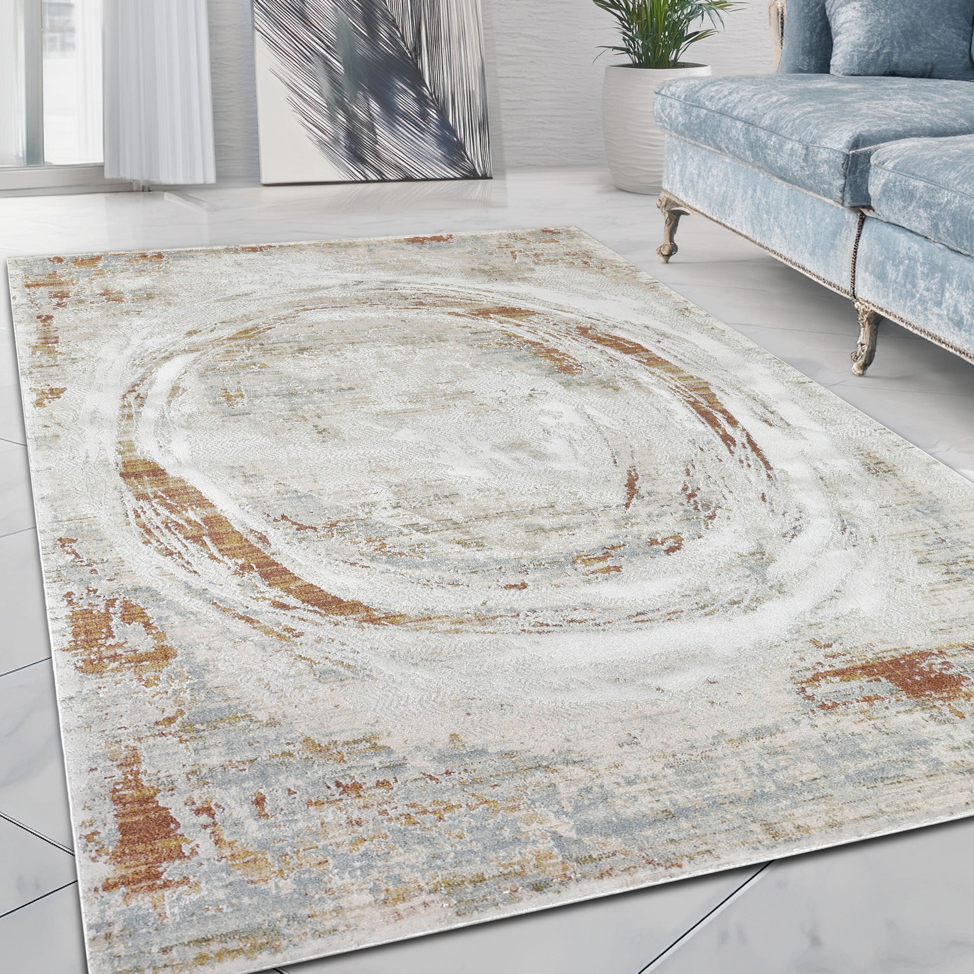 Abstract scribbled shape rug with gray, beige, and white colors