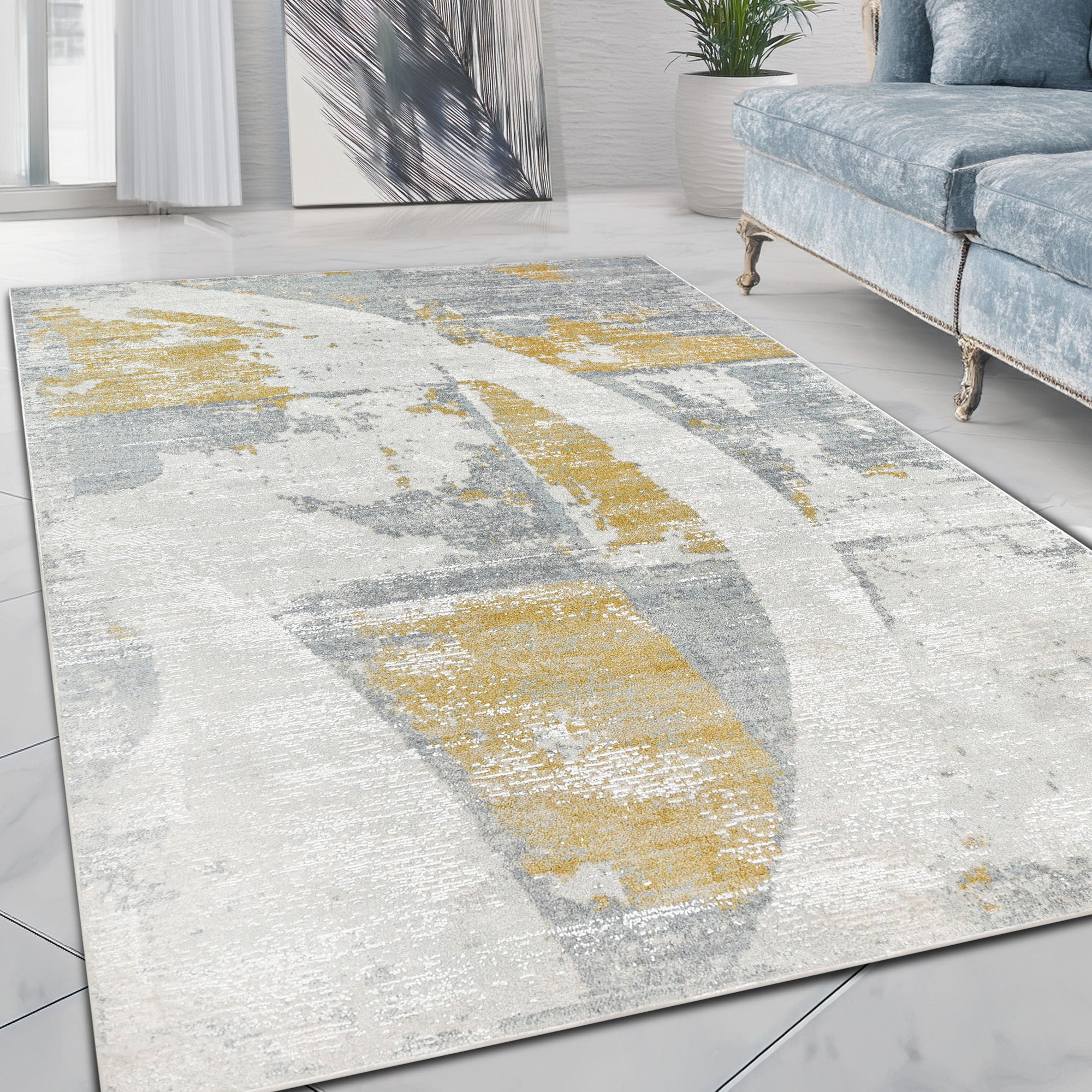 Close-up of colorful rug texture with gray, yellow, and beige tones