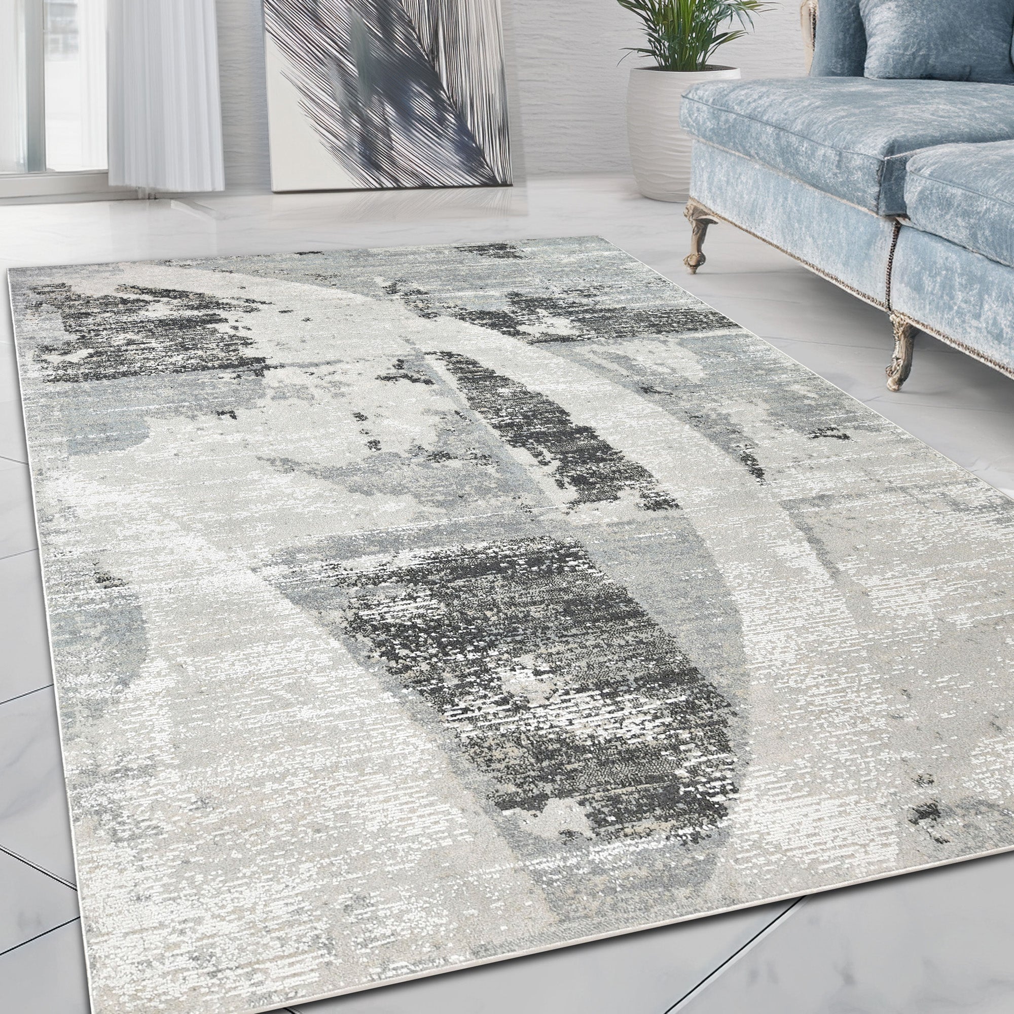 Abstract rug with gray and beige pattern