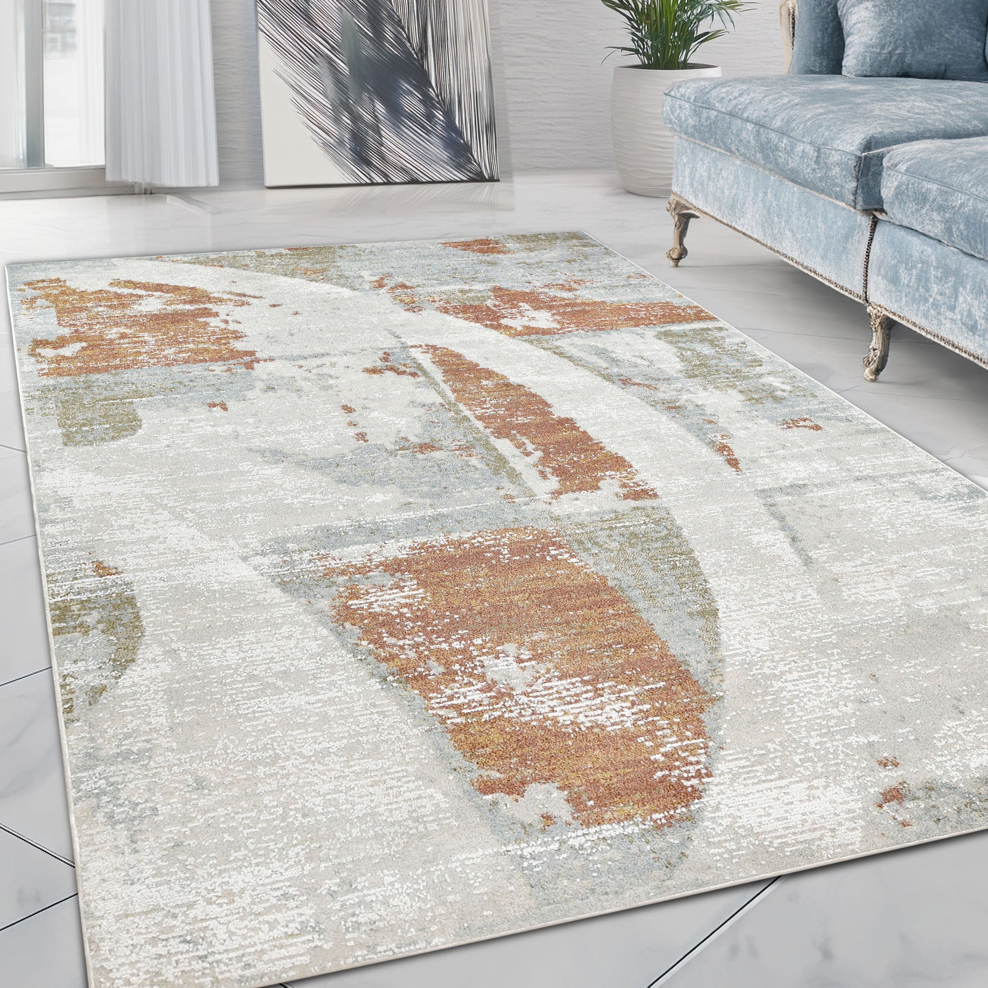 Soft and cozy abstract rug in beige, grays, and white