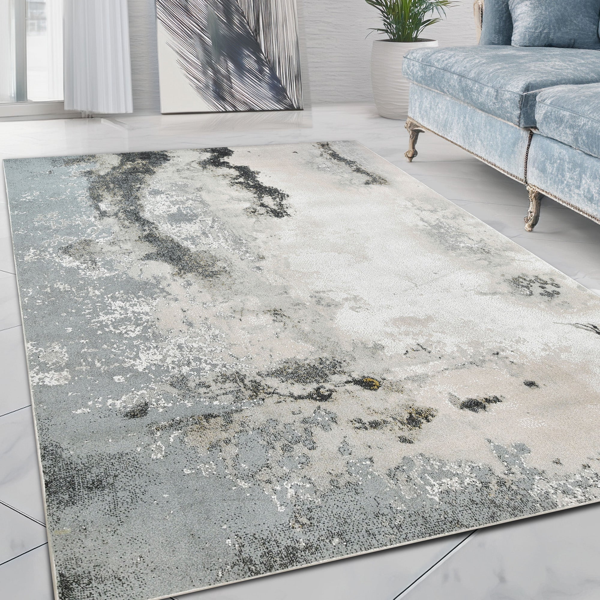 Modern abstract rug with a weathered black, gray, beige, and white design