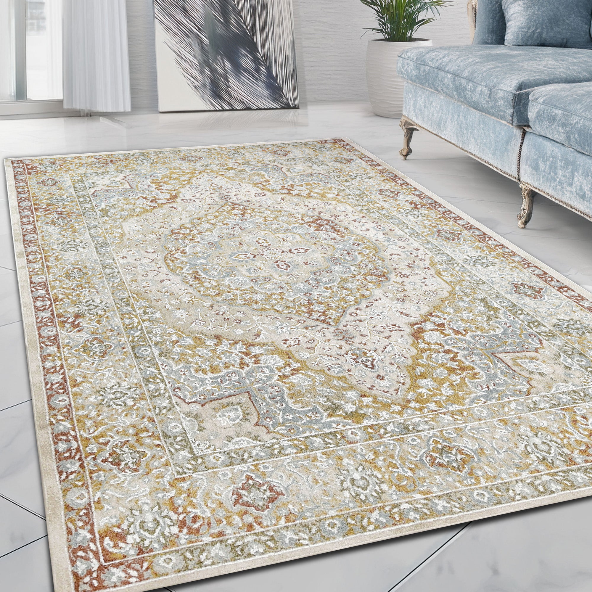 Modern abstract rug with a weathered beige, white, and nacre design