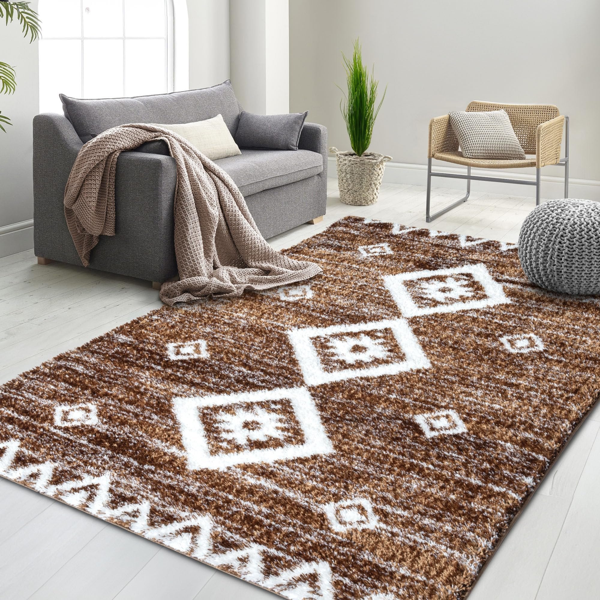 HR Ultra-Soft Shaggy Area Rug with Southwestern Diamond Pattern – Chocolate Brown and White, Plush 1-Inch Pile, Easy Clean, Quick Crease Recovery – Ideal for Living Room