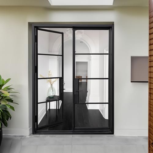 HR Matte Black French Iron Steel Door with Handle and Locks, Left Inswing, Elegant Entrance Door for Home and Office 72 x 96