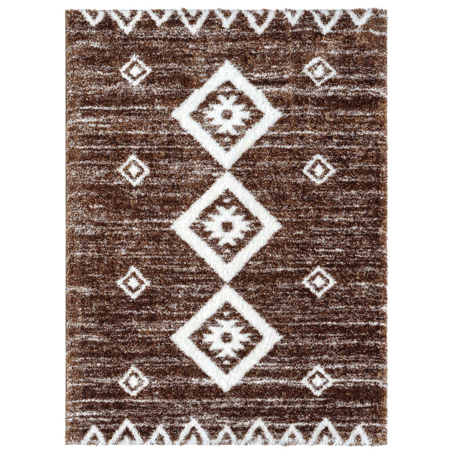 HR Ultra-Soft Shaggy Area Rug with Southwestern Diamond Pattern – Chocolate Brown and White, Plush 1-Inch Pile, Easy Clean, Quick Crease Recovery – Ideal for Living Room