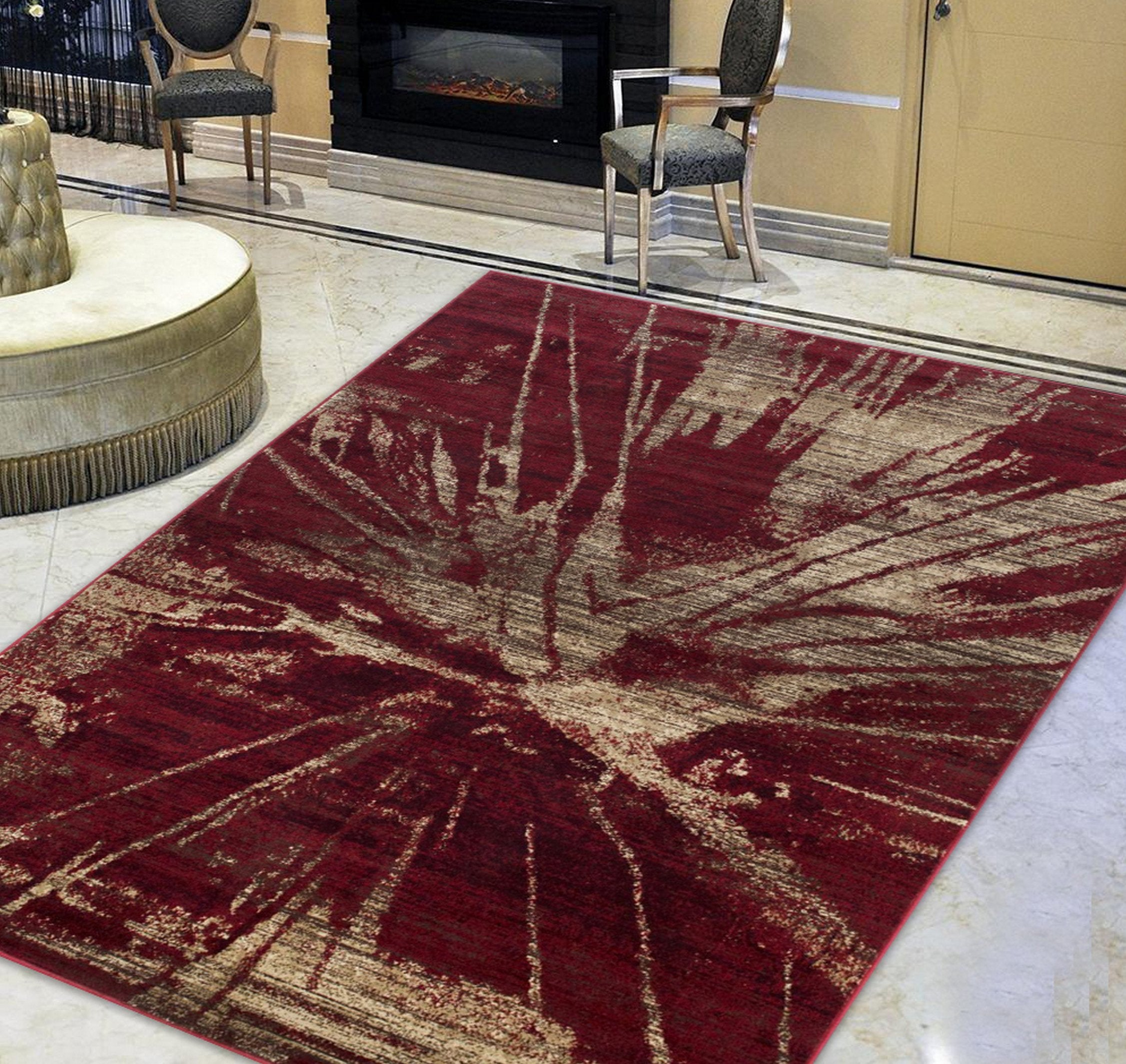 Modern area rug with burgundy, maroon, and gold tones