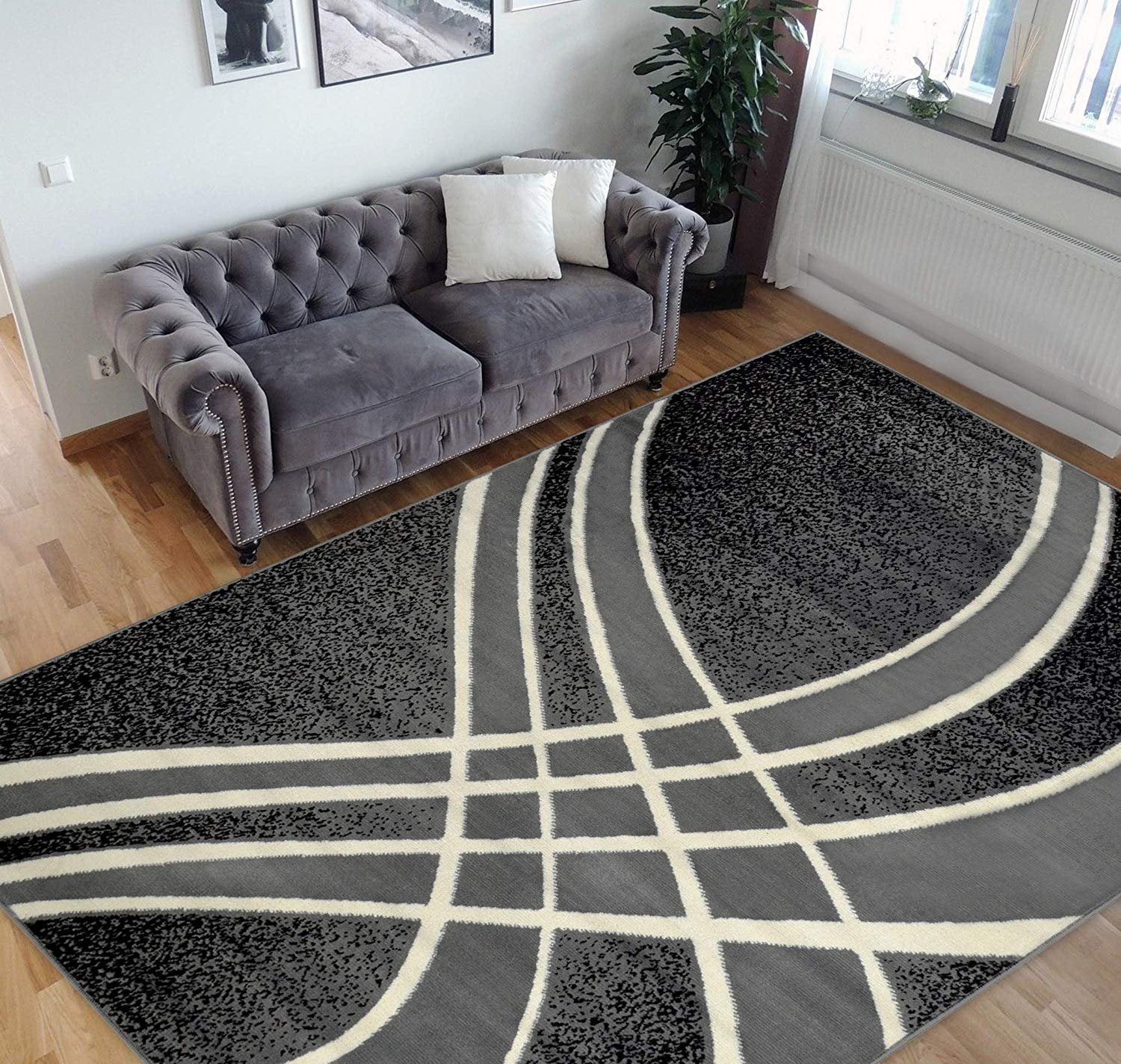 Geometric Stripes Area Rug Contemporary Modern Black & Grey
