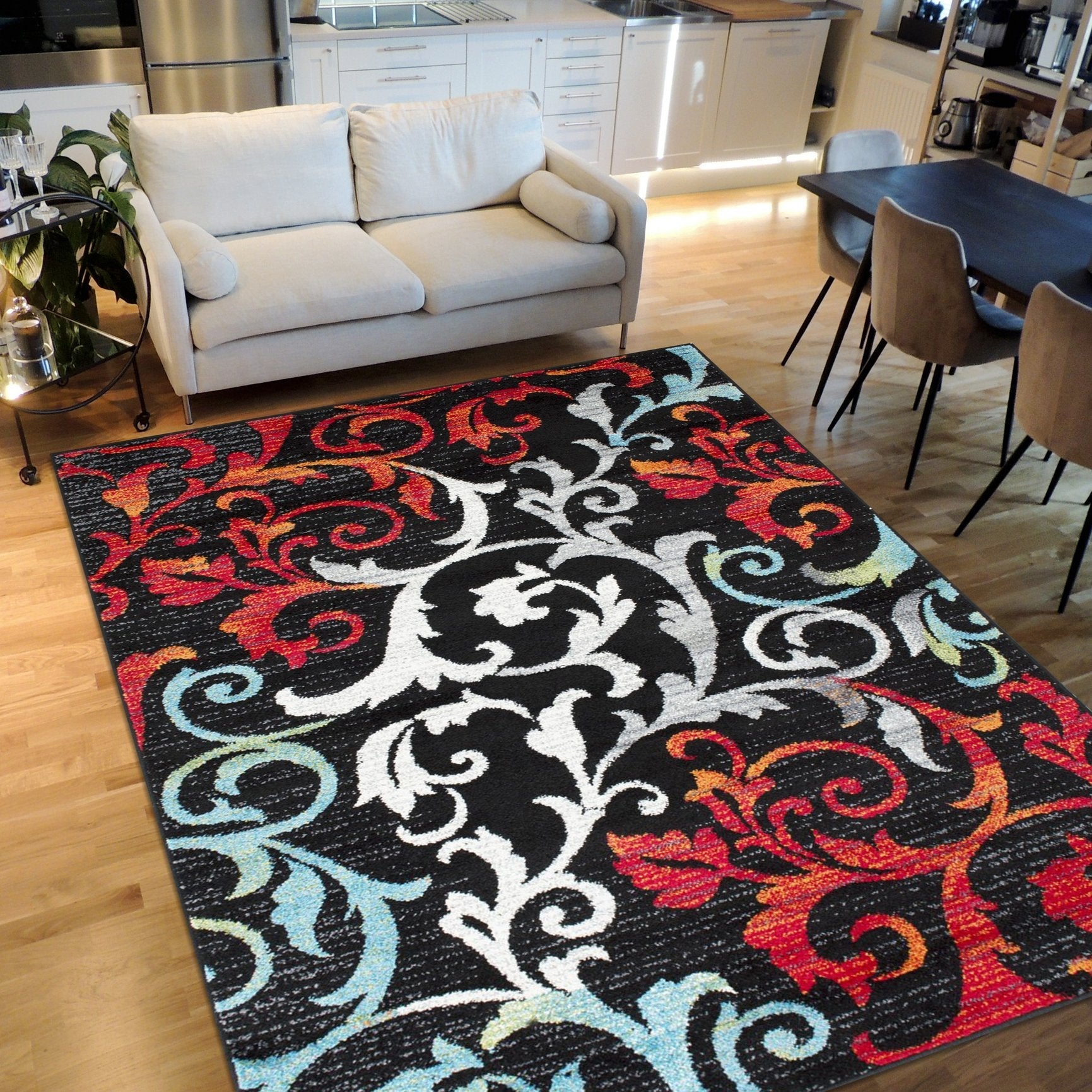 Turquoise/Ivory/Orange/Red/Black Allover Rug