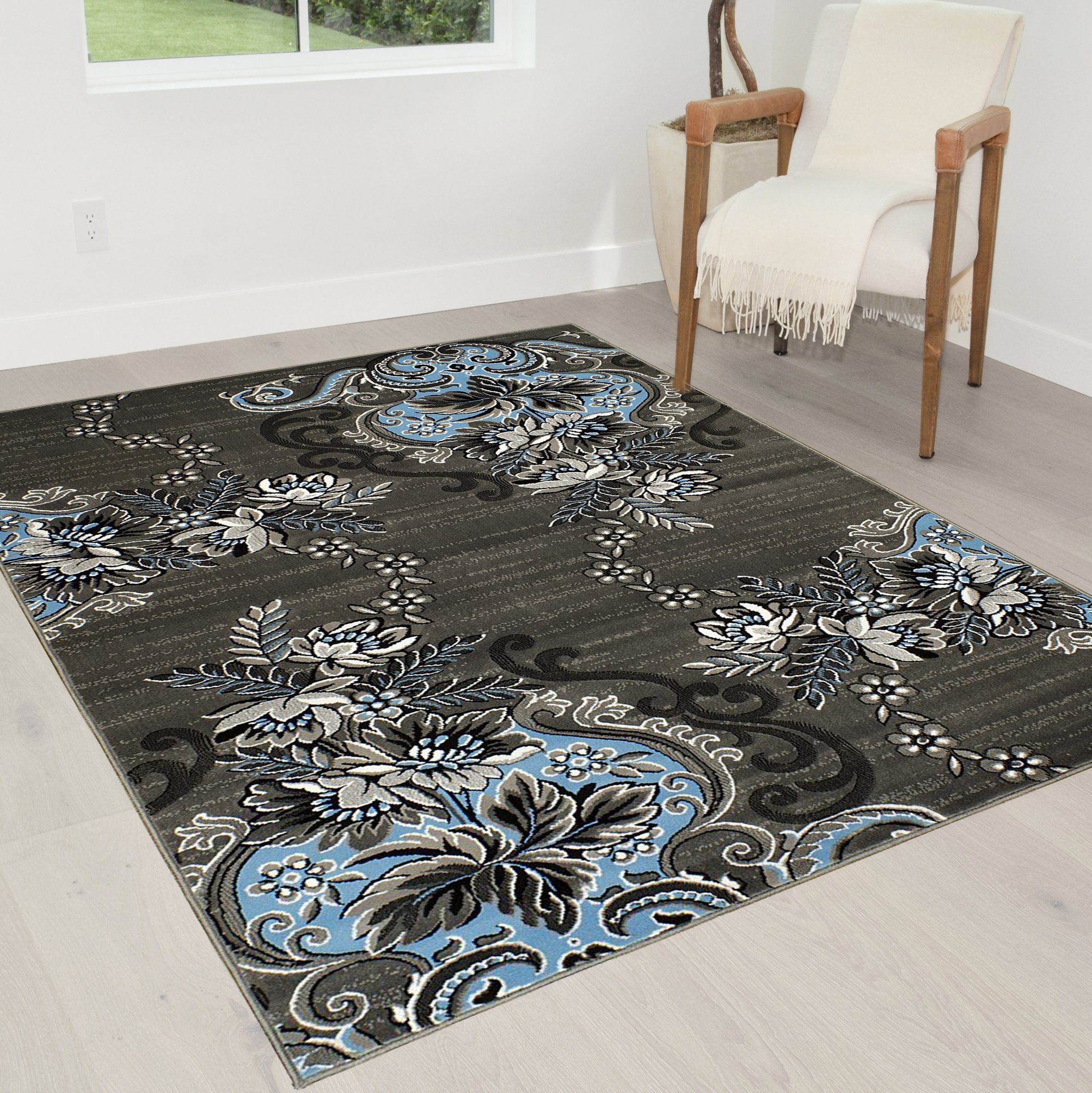Blue/Grey/Silver/Black/Abstract Area Floral Pattern