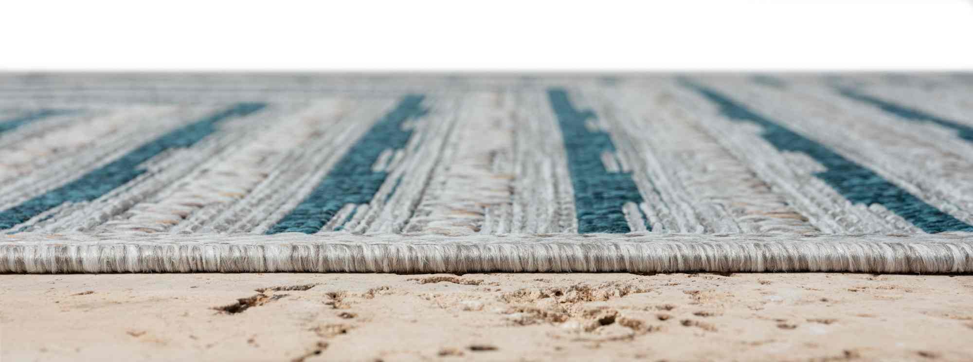 Outdoor Rug for Patio or Porch – Waterproof, Stain-Proof – Geometric Stripes in Blue, Beige, Gray