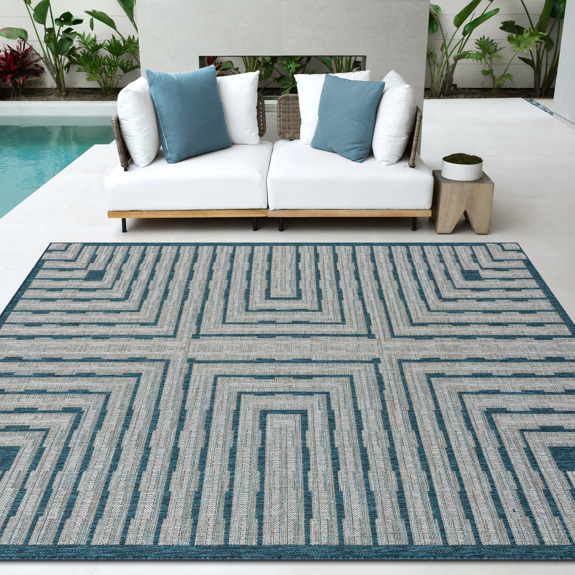 Outdoor Rug for Patio or Porch – Waterproof, Stain-Proof – Geometric Stripes in Blue, Beige, Gray