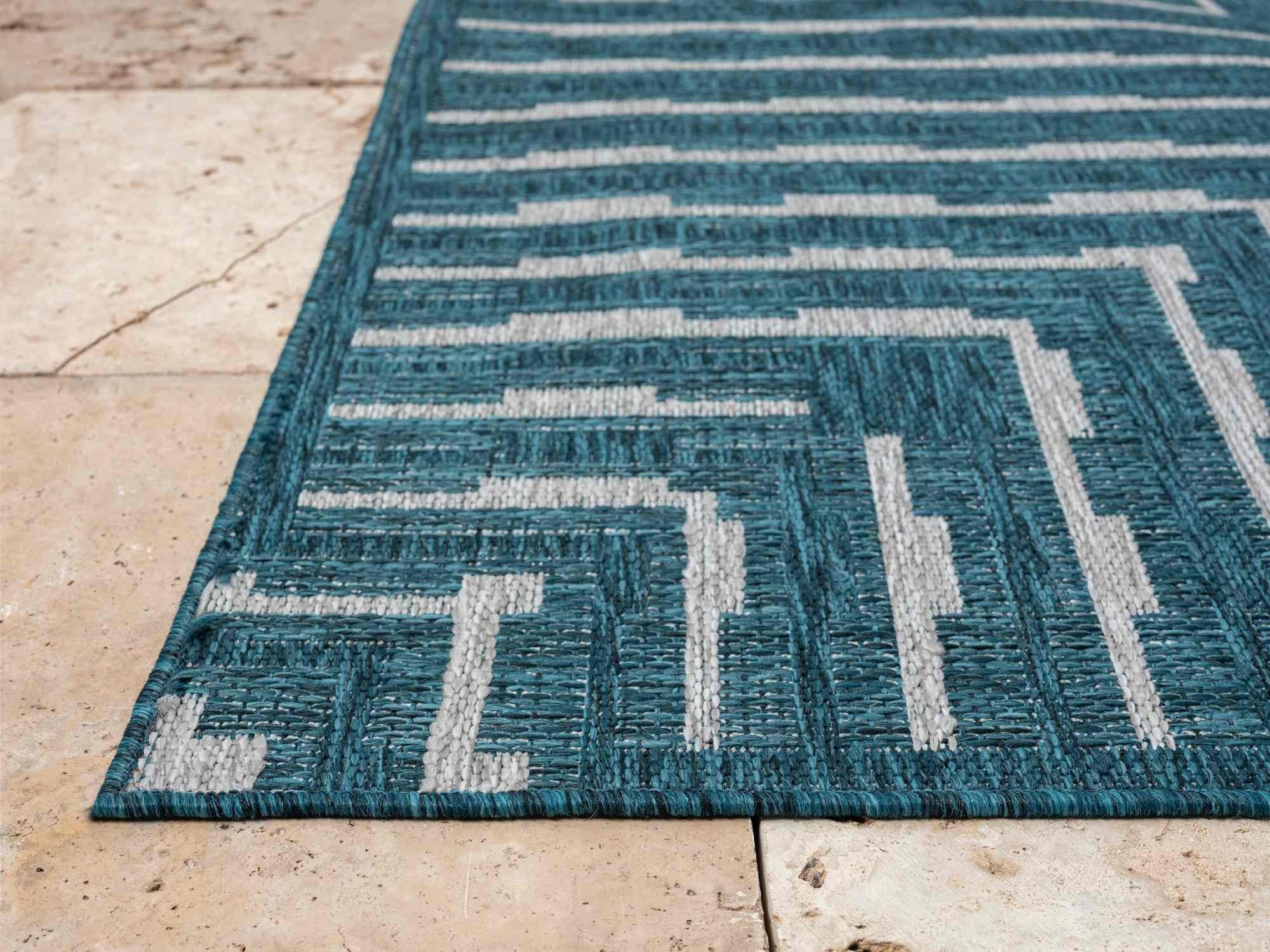 Outdoor Rug for Patio or Porch – Waterproof, Stain-Proof – Geometric Stripes in Blue, Beige, Gray