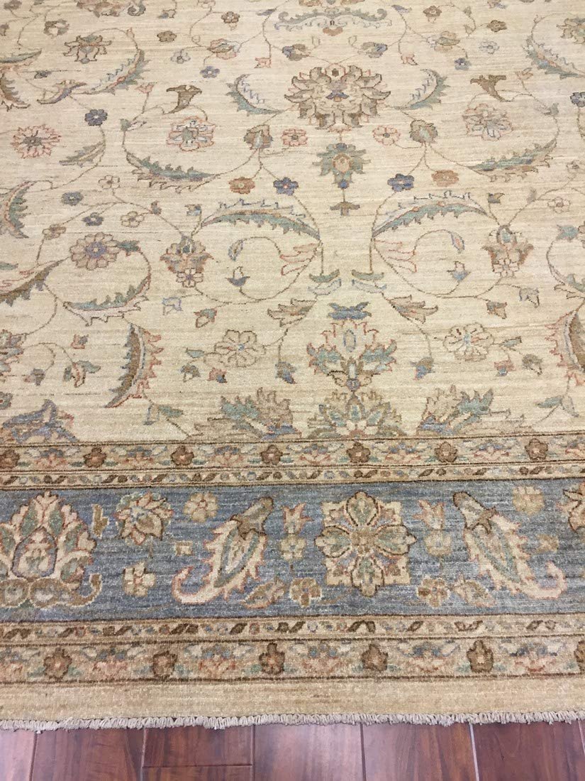 Authentic Handmade fine Pakistan Rug-Wool Ziegler Pattern Stone Washed-Sky Gray/Ivory-(9 by 12.2 Feet)