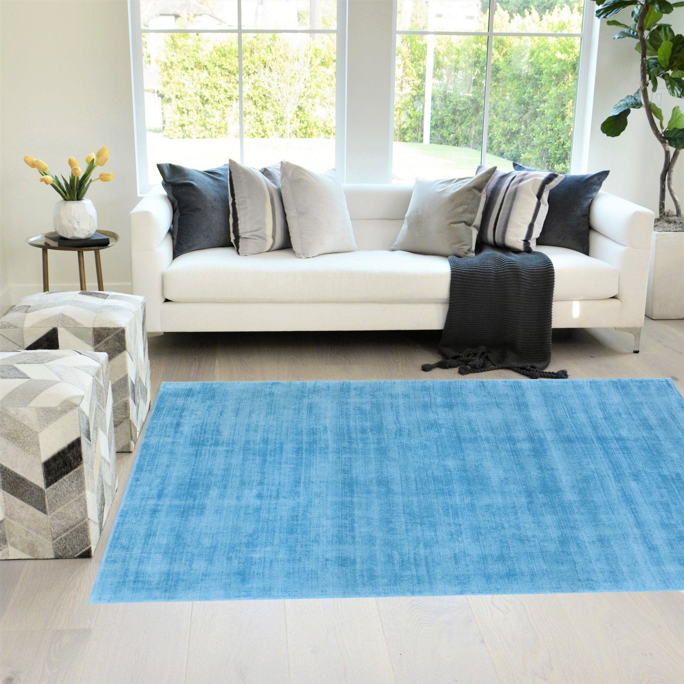 Mid Blue color Rugs Viscose Ultra-Soft Hand Knotted in India Rugs for Dining Room