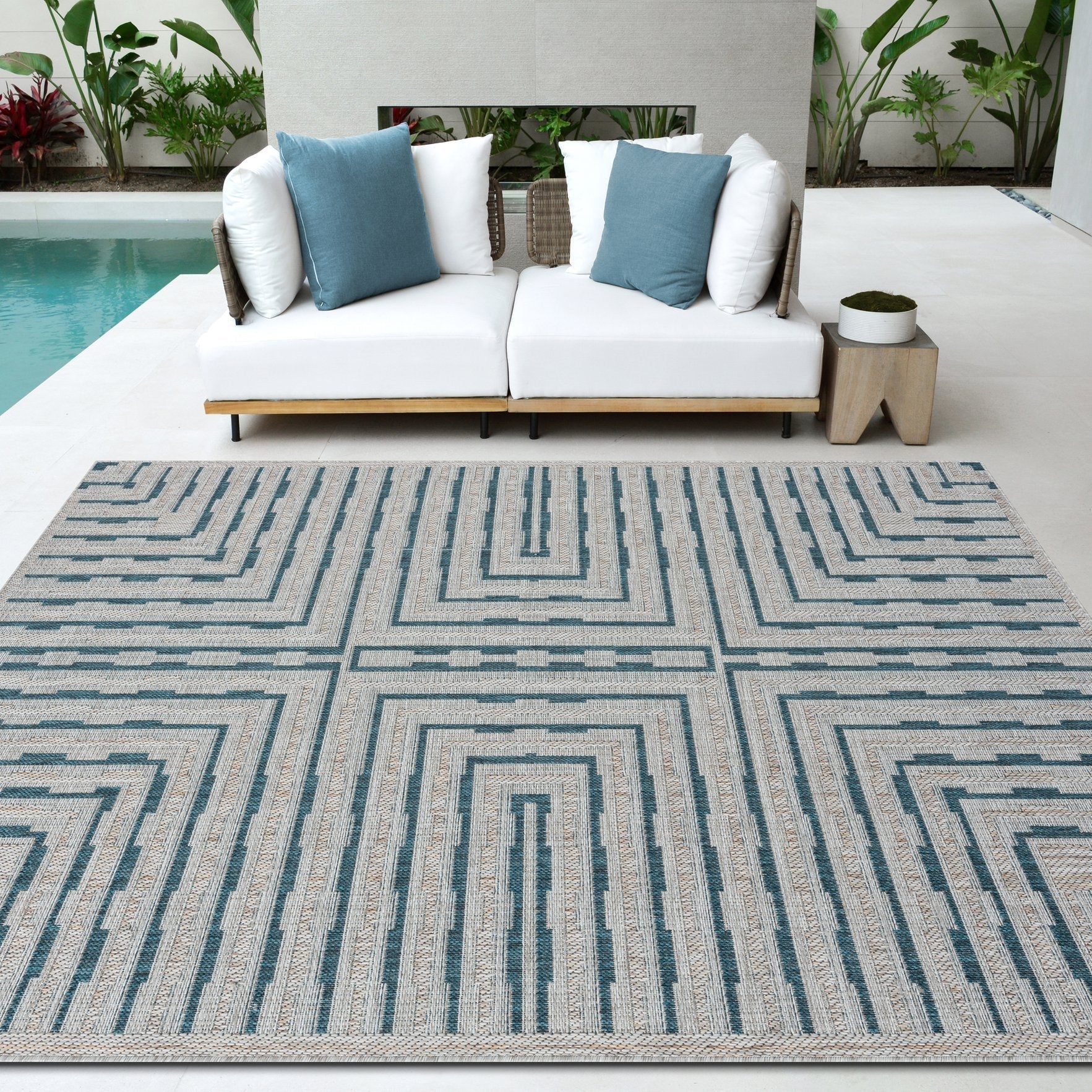 Outdoor Rug for Patio or Porch – Waterproof, Stain-Proof – Geometric Stripes in Blue, Beige, Gray