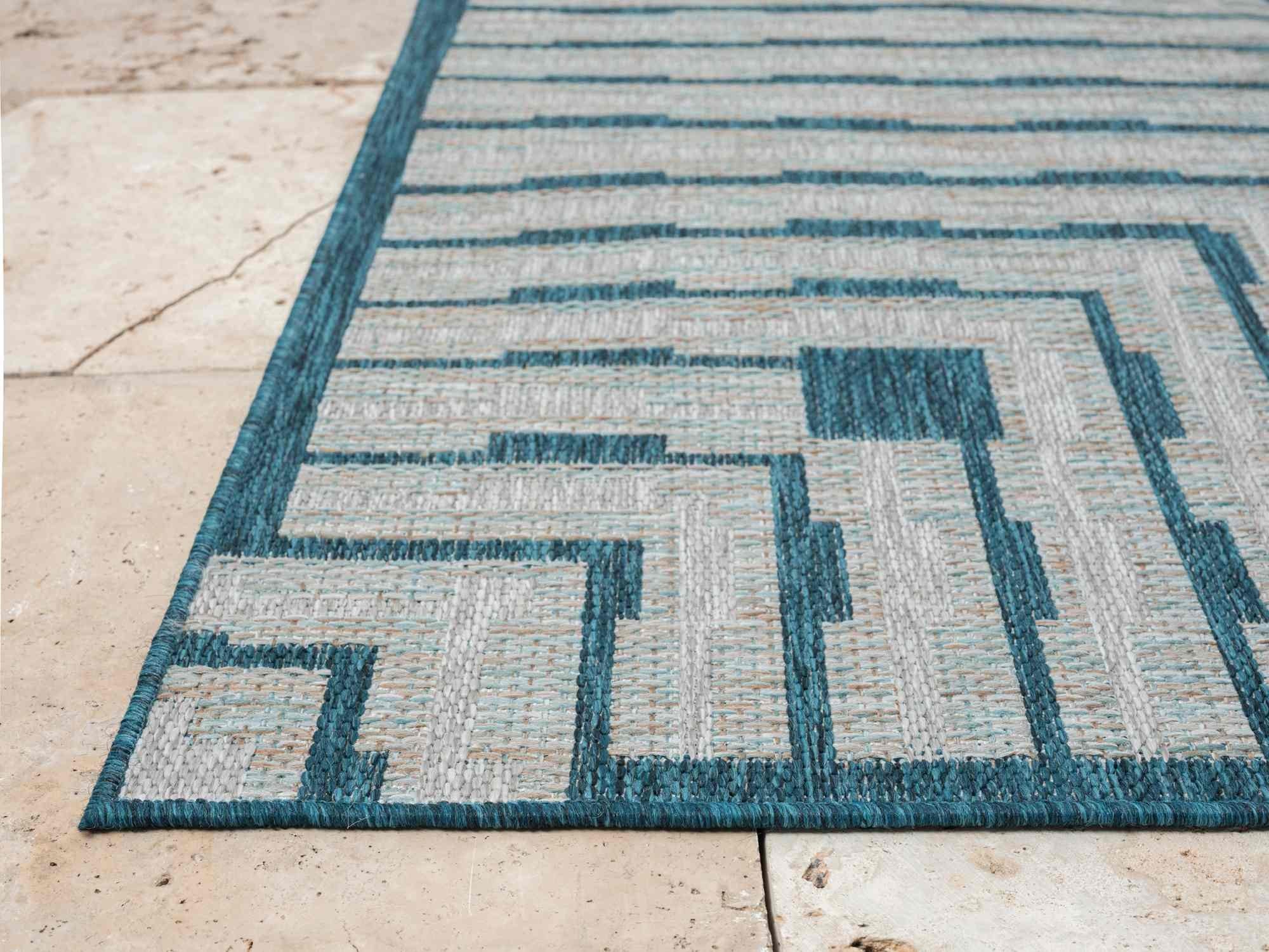 Outdoor Rug for Patio or Porch – Waterproof, Stain-Proof – Geometric Stripes in Blue, Beige, Gray