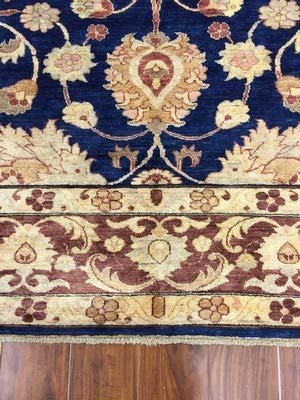 Authentic Handmade fine Pakistan Rug-Real Wool Ziegler Pattern Stone Washed-Navy/Beige-(8.3 by 12 Feet)