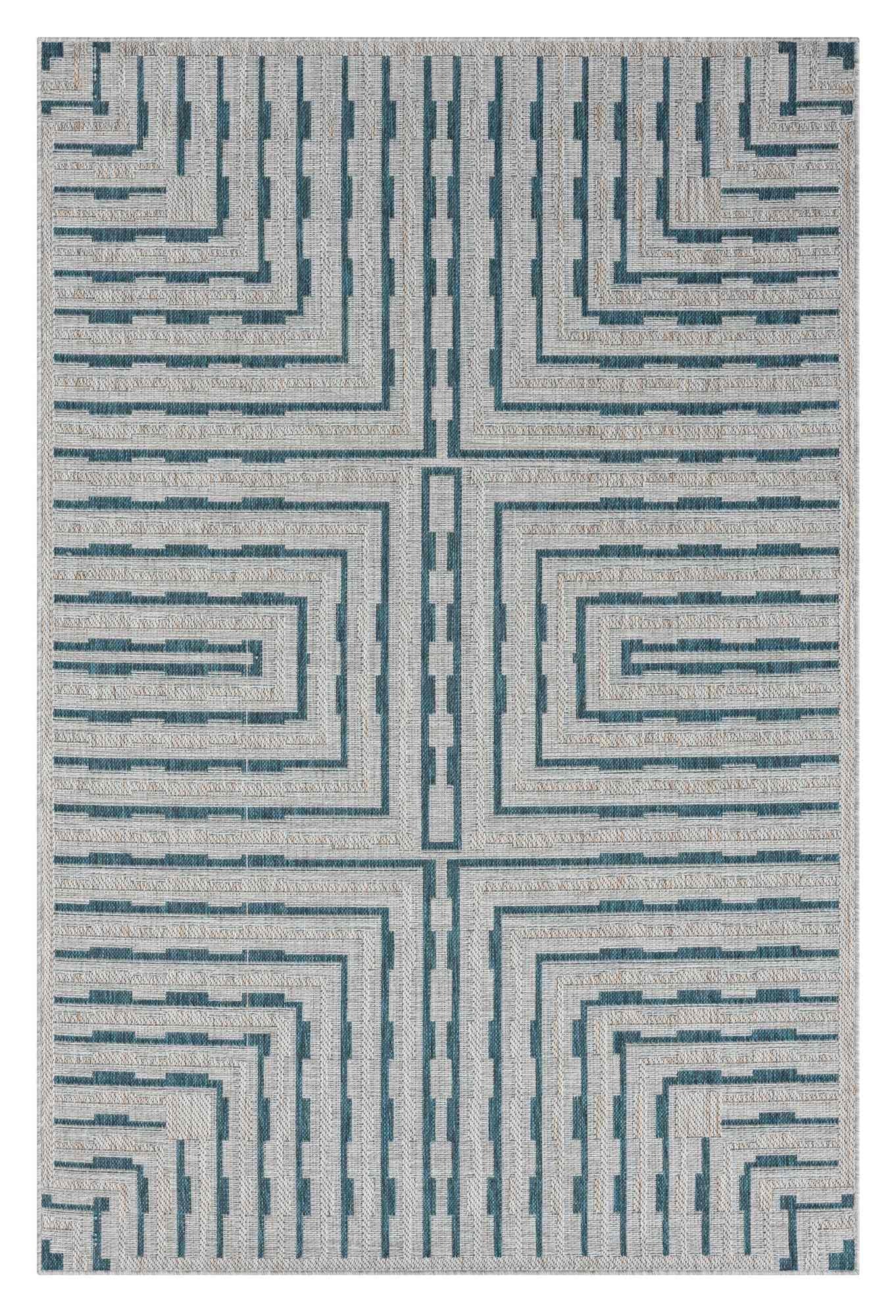 Outdoor Rug for Patio or Porch – Waterproof, Stain-Proof – Geometric Stripes in Blue, Beige, Gray