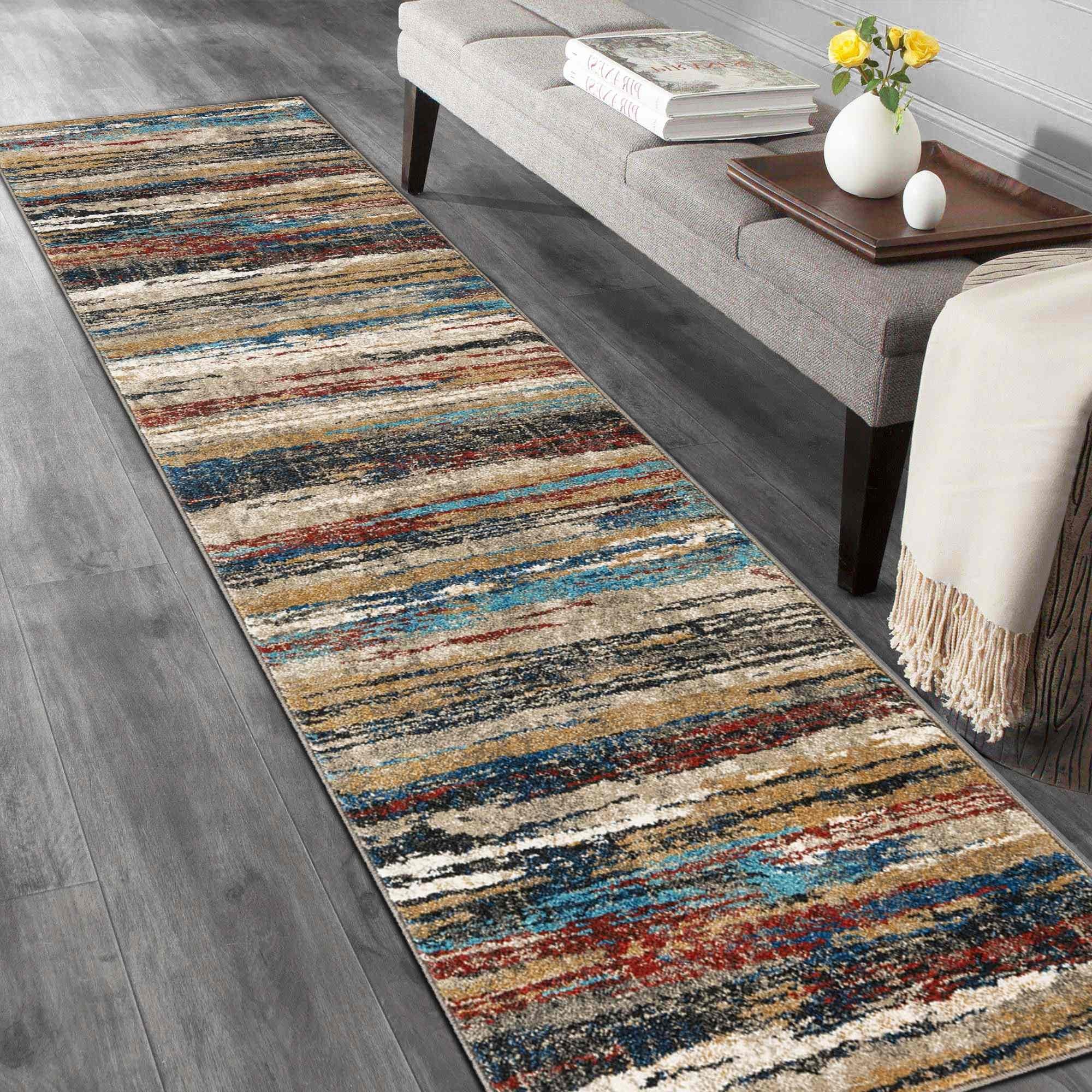 Stripped Design Rugs Blue Burgundy Multi Color Abstract #96