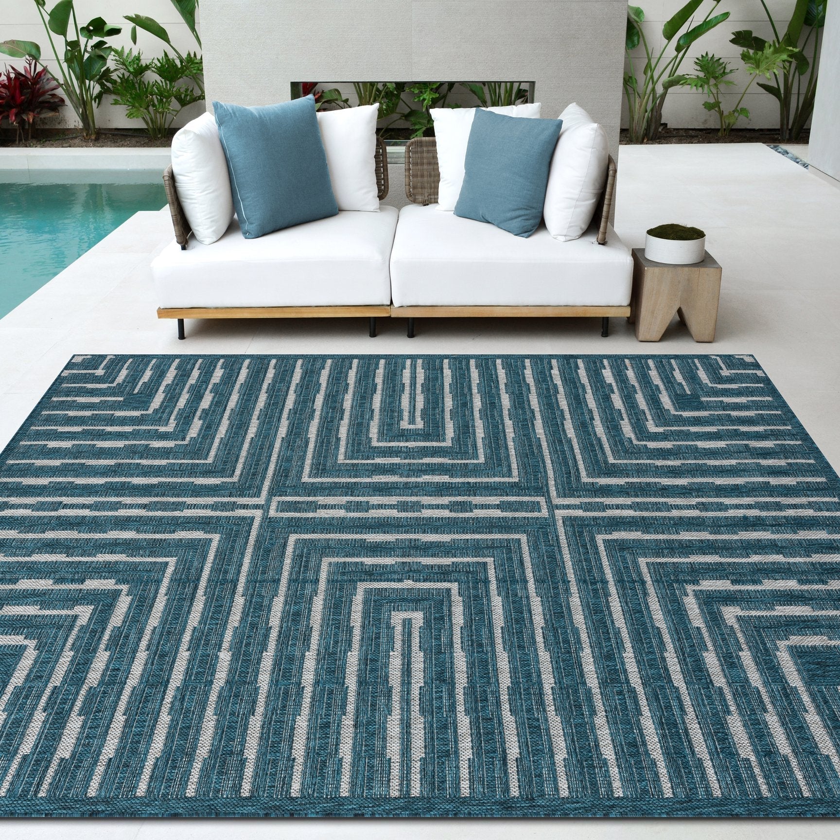 Outdoor Rug for Patio or Porch – Waterproof, Stain-Proof – Geometric Stripes in Blue, Beige, Gray
