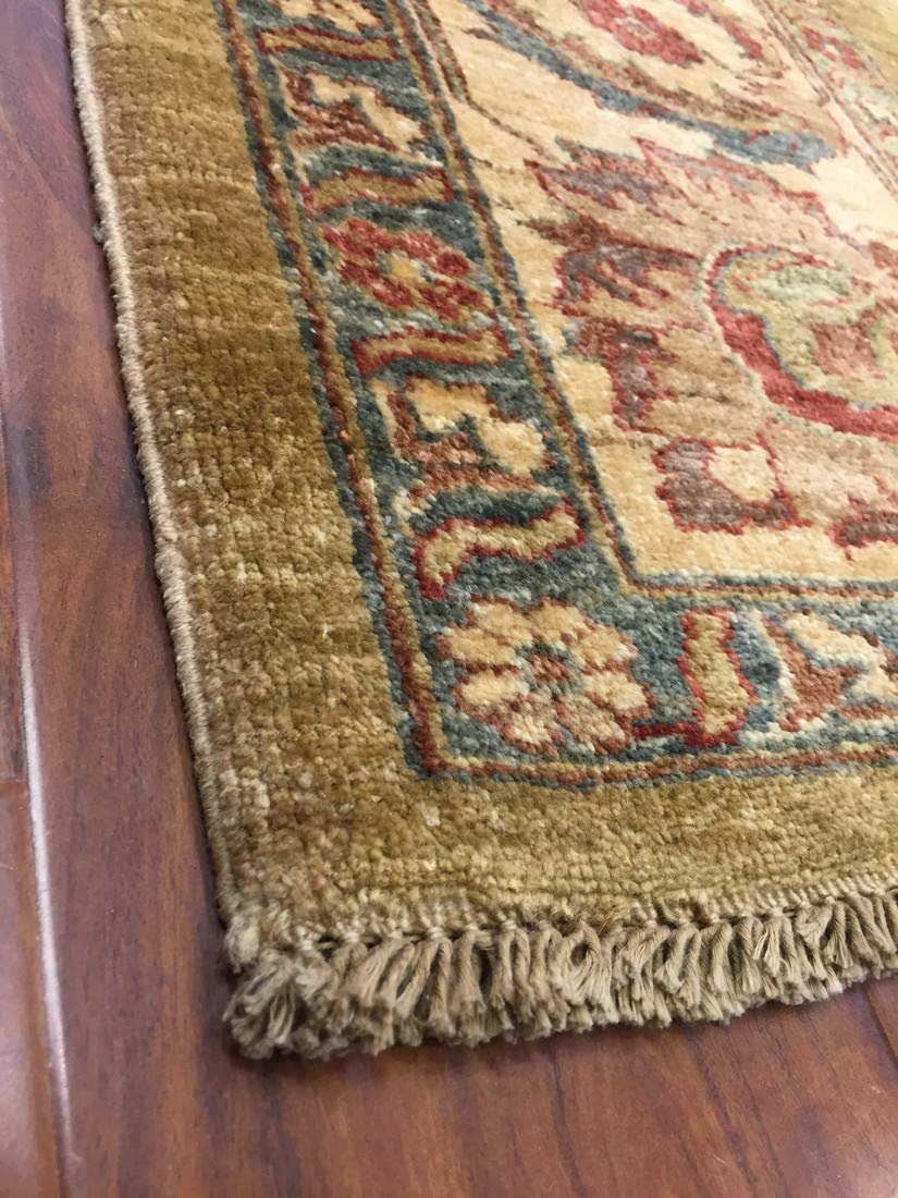 Authentic Wool Handmade Pakistan Area Rug Floral Ziegler Faded-Sage/Beige/Burgundy-(9 by 12 Feet)