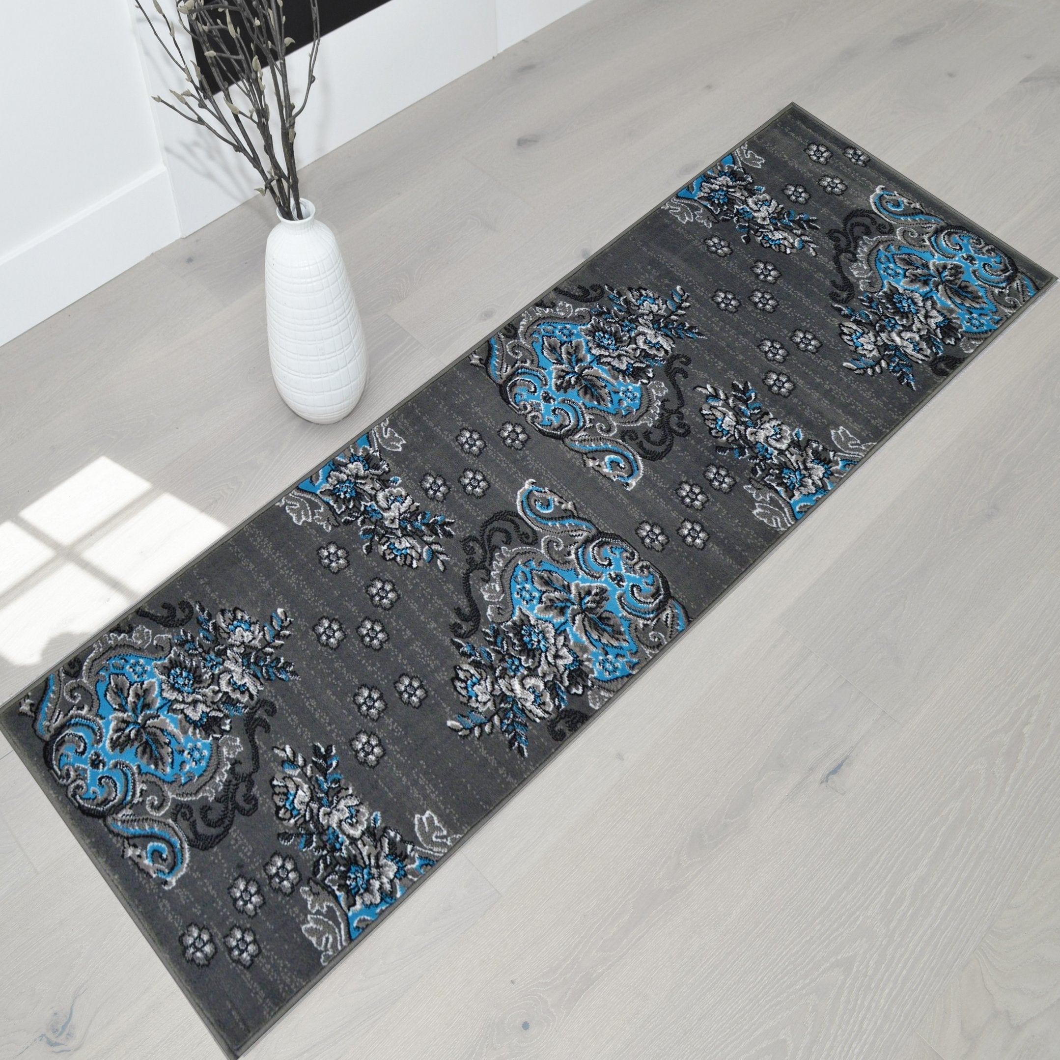 Blue/Grey/Silver/Black/Abstract Area Floral Pattern