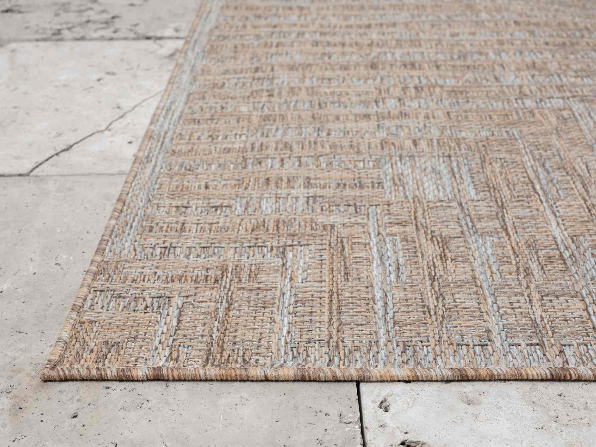 Outdoor Rug for Patio or Porch – Waterproof, Stain-Proof – Geometric Stripes in Blue, Beige, Gray