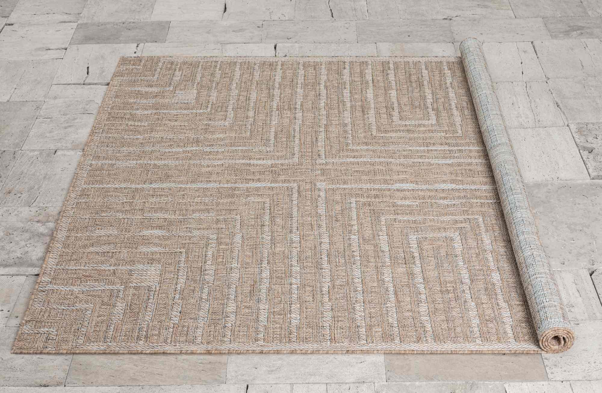 Outdoor Rug for Patio or Porch – Waterproof, Stain-Proof – Geometric Stripes in Blue, Beige, Gray