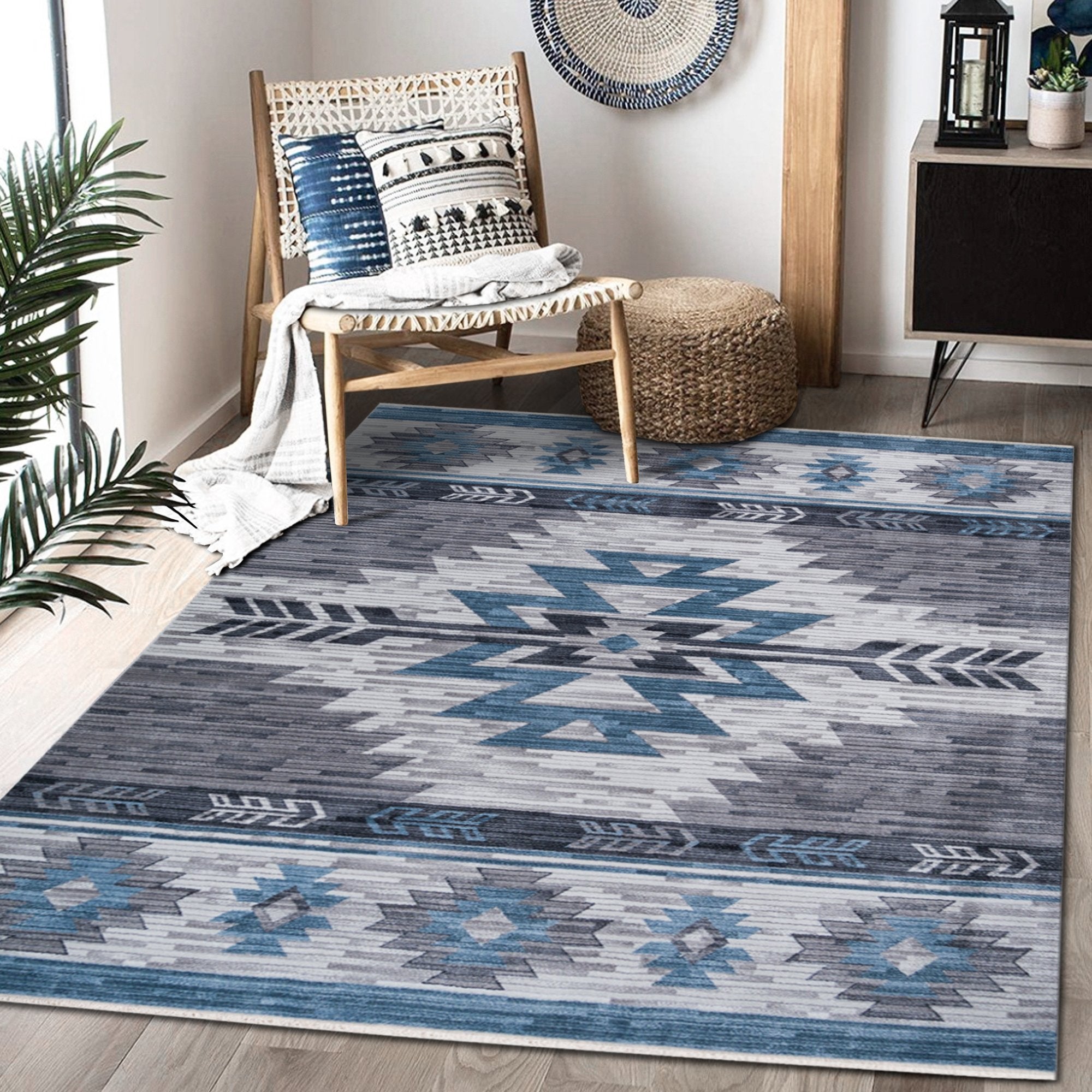 Navajo Tribal Rug – Easy Clean, Foldable, Rust/Grey/Black/Blue/Glacier/Orange/Denim