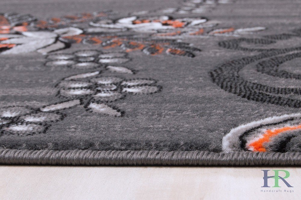 Orange/Grey/Silver/Black/Abstract Area Rug Floral Pattern