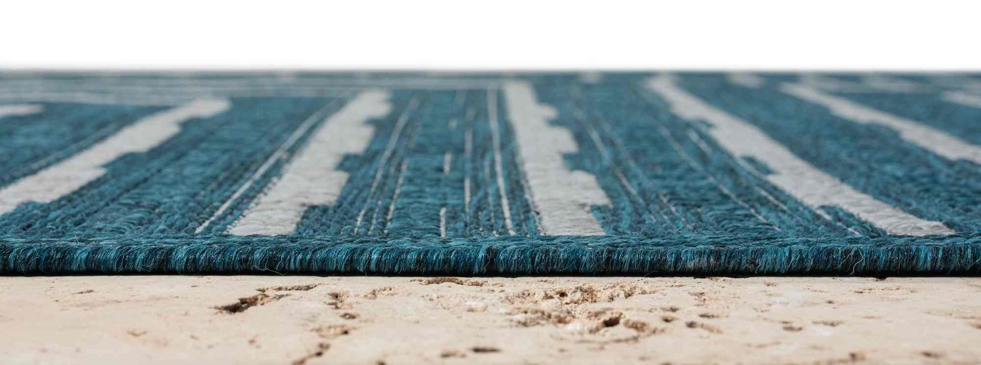 Outdoor Rug for Patio or Porch – Waterproof, Stain-Proof – Geometric Stripes in Blue, Beige, Gray