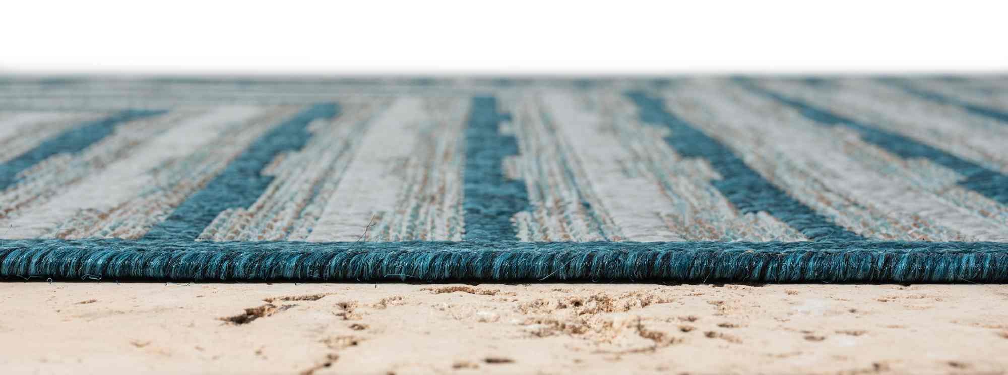 Outdoor Rug for Patio or Porch – Waterproof, Stain-Proof – Geometric Stripes in Blue, Beige, Gray