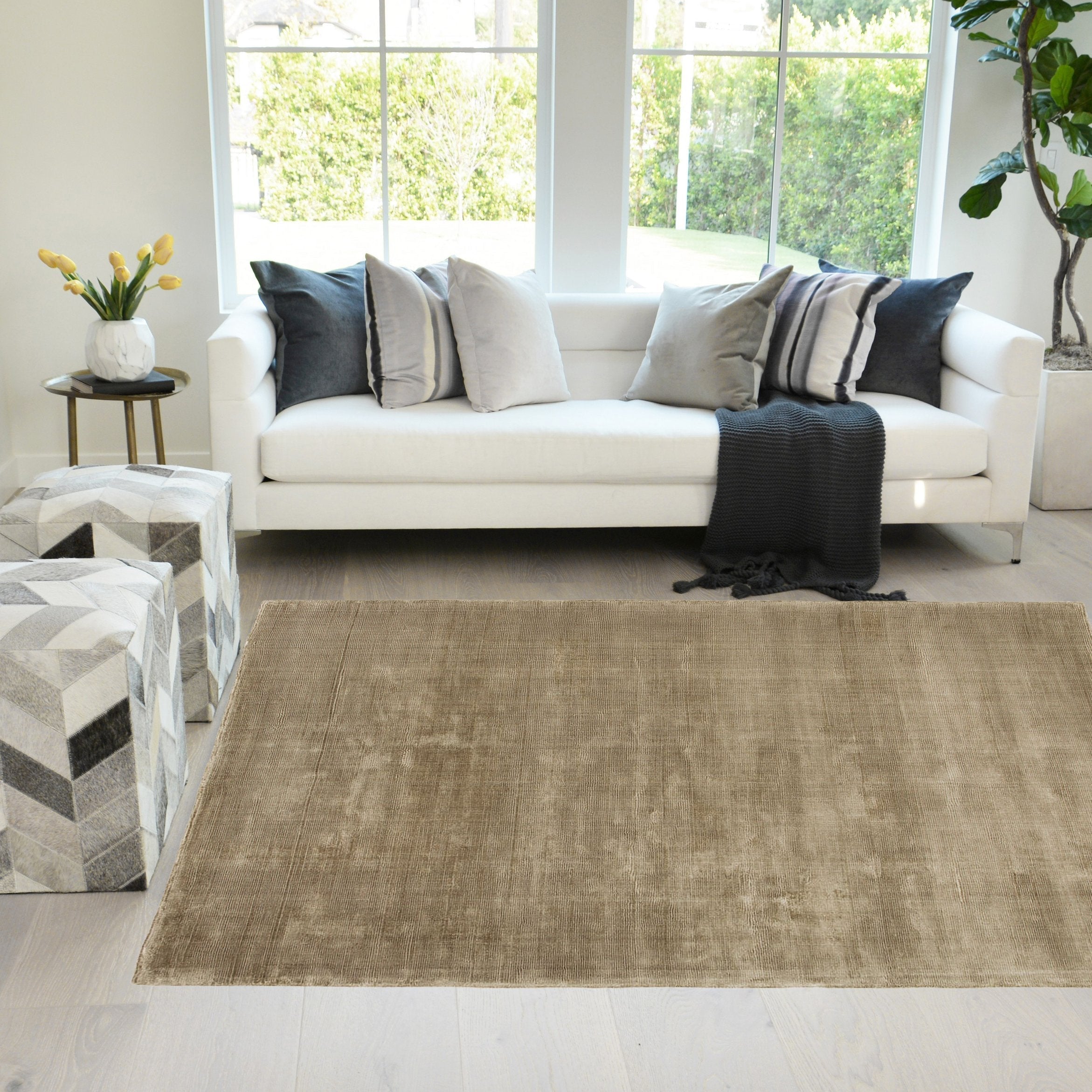 Tan Color Rugs Viscose Ultra-Soft Hand Knotted in India Rugs for Dining Room