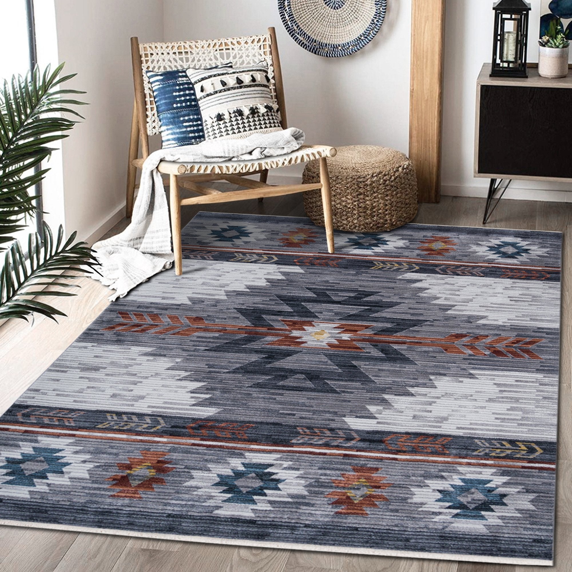 Navajo Tribal Rug – Easy Clean, Foldable, Rust/Grey/Black/Blue/Glacier/Orange/Denim