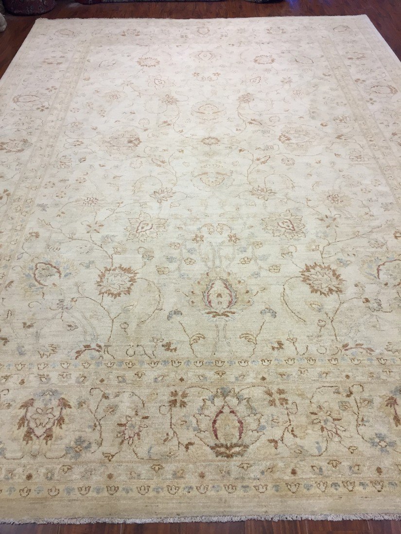 Authentic Handmade fine Pakistan Rug-Real Wool Allover Stone Washed-Ivory/Multi-(8.9 by 12.1 Feet)