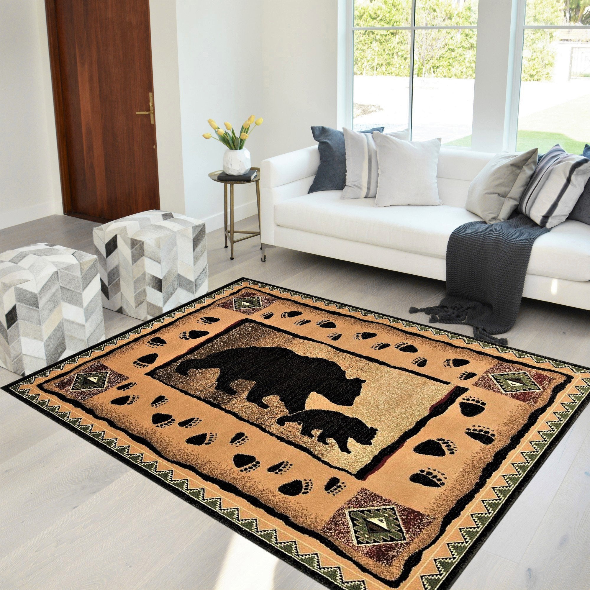 HR Mother Bear/Cub/Footprint Lodge Cabin Area rug