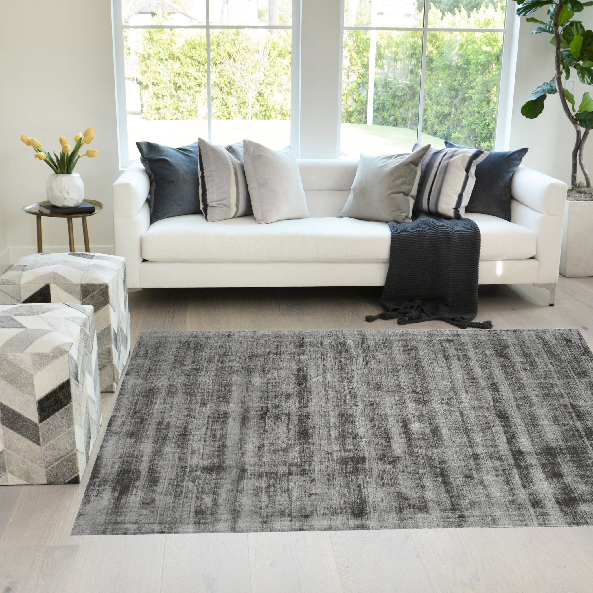 Ash Color Rugs Viscose Ultra-Soft Hand Knotted in India Rugs for Dining Room