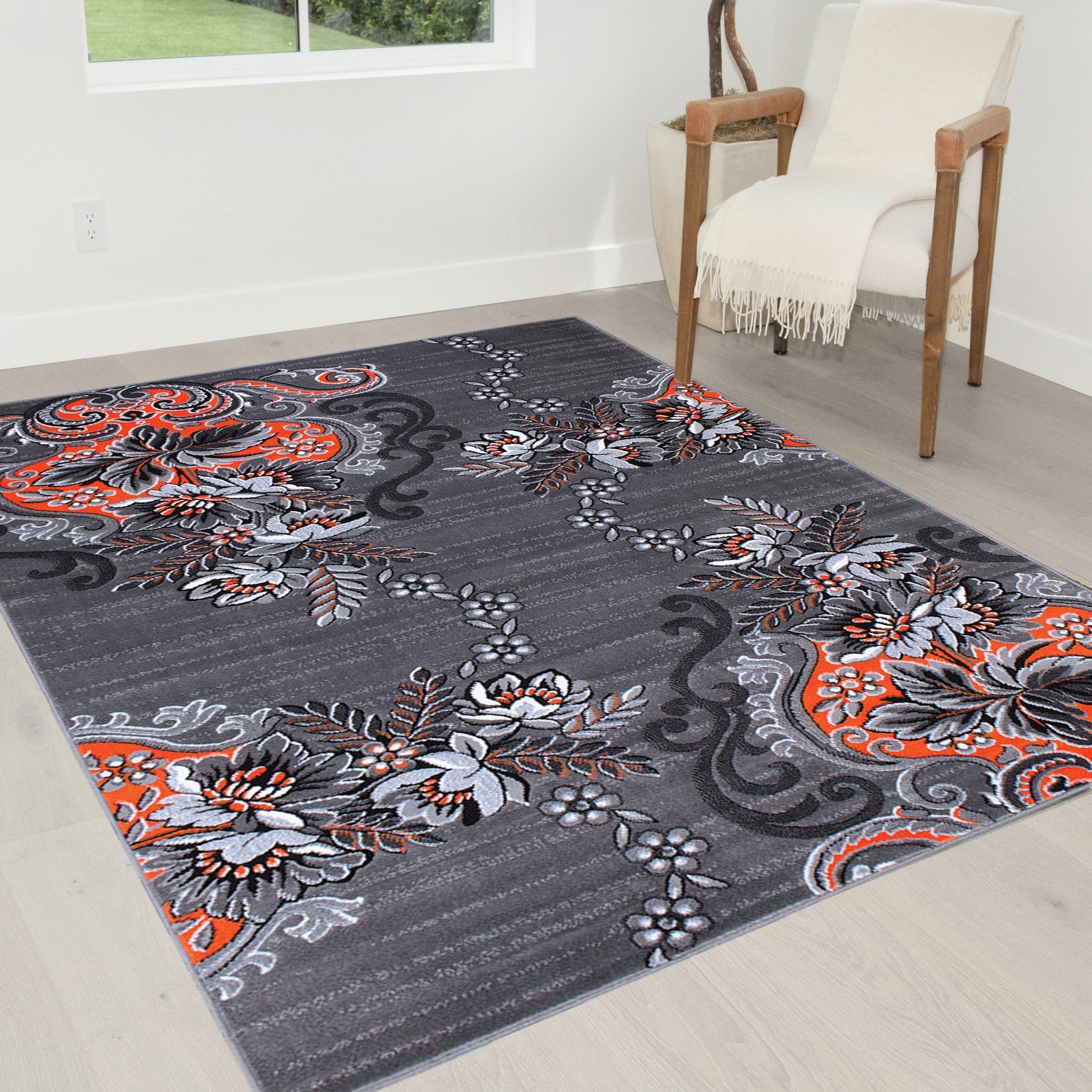 Orange/Grey/Silver/Black/Abstract Area Rug Floral Pattern