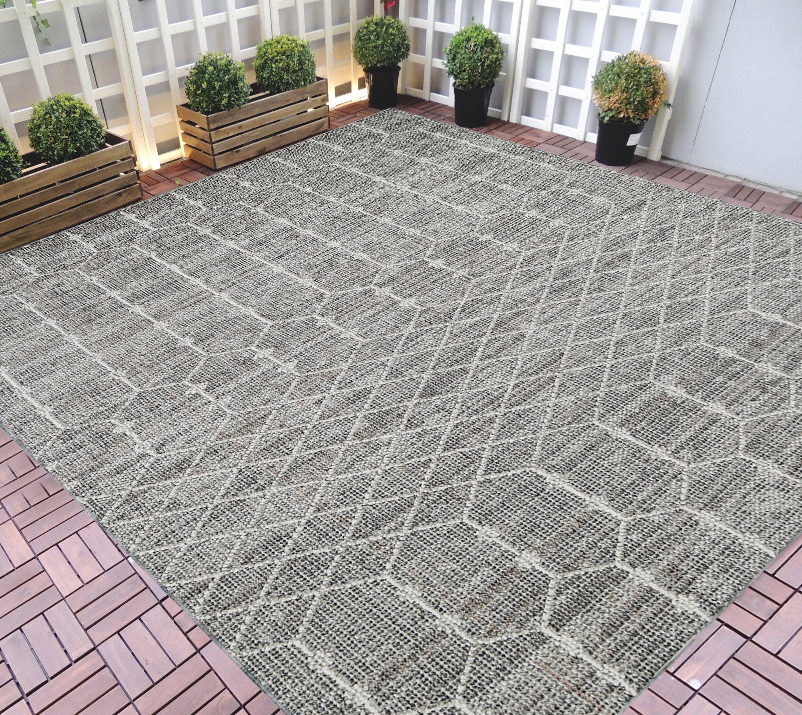 HR Indoor Outdoor Area Rugs 8x10 Moroccan Trellis Pattern Gray Outdoor Carpet-Lasts Long Under Sunlight-Grey Ivory