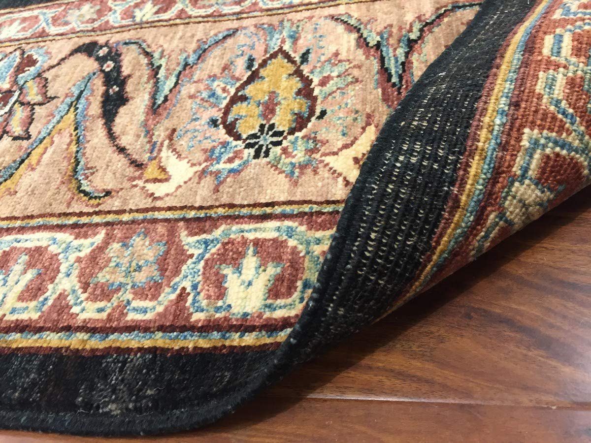 Authentic Handmade fine Pakistani Rug-Wool Allover/Floral Pattern-Black/Gold/Multi-(7 by 8.8 Feet)