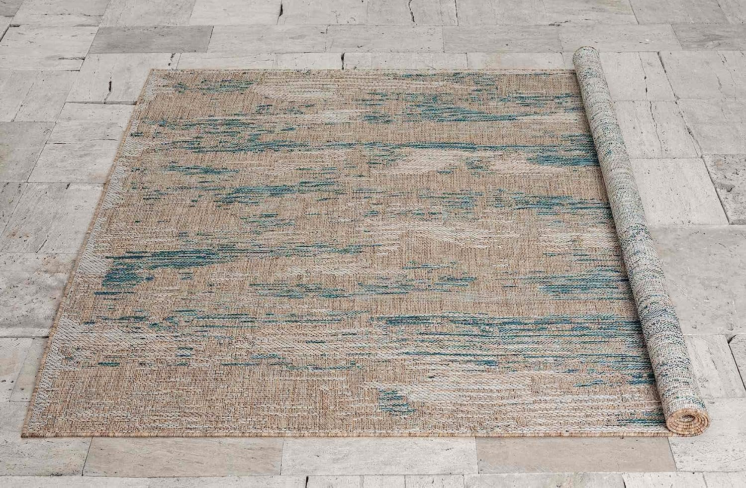 Abstract waterproof outdoor rug with neutral color tones
