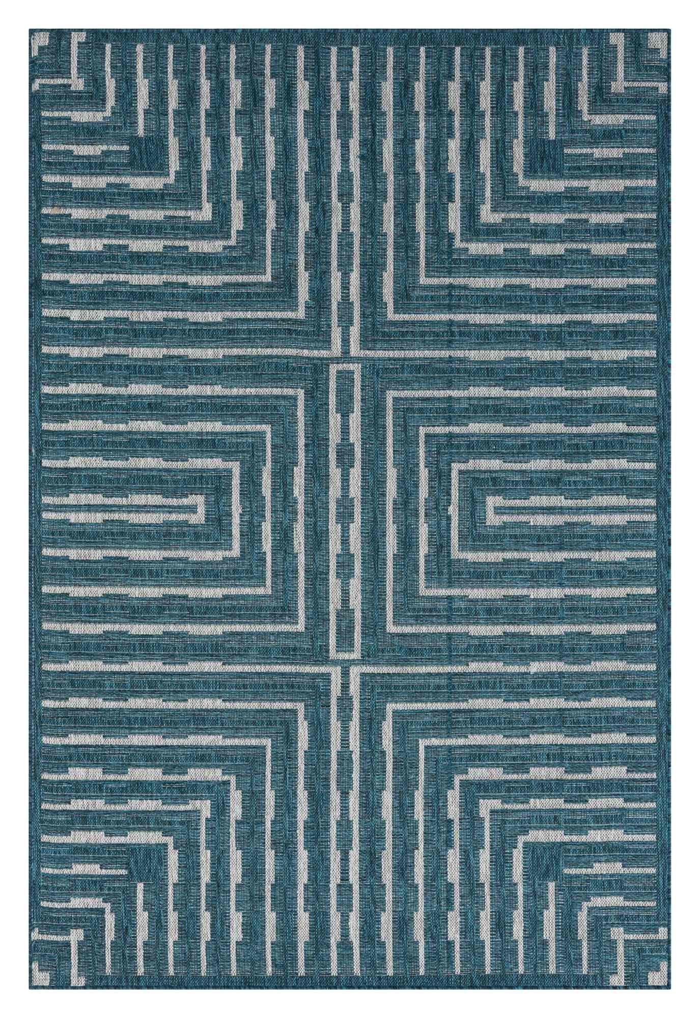 Outdoor Rug for Patio or Porch – Waterproof, Stain-Proof – Geometric Stripes in Blue, Beige, Gray
