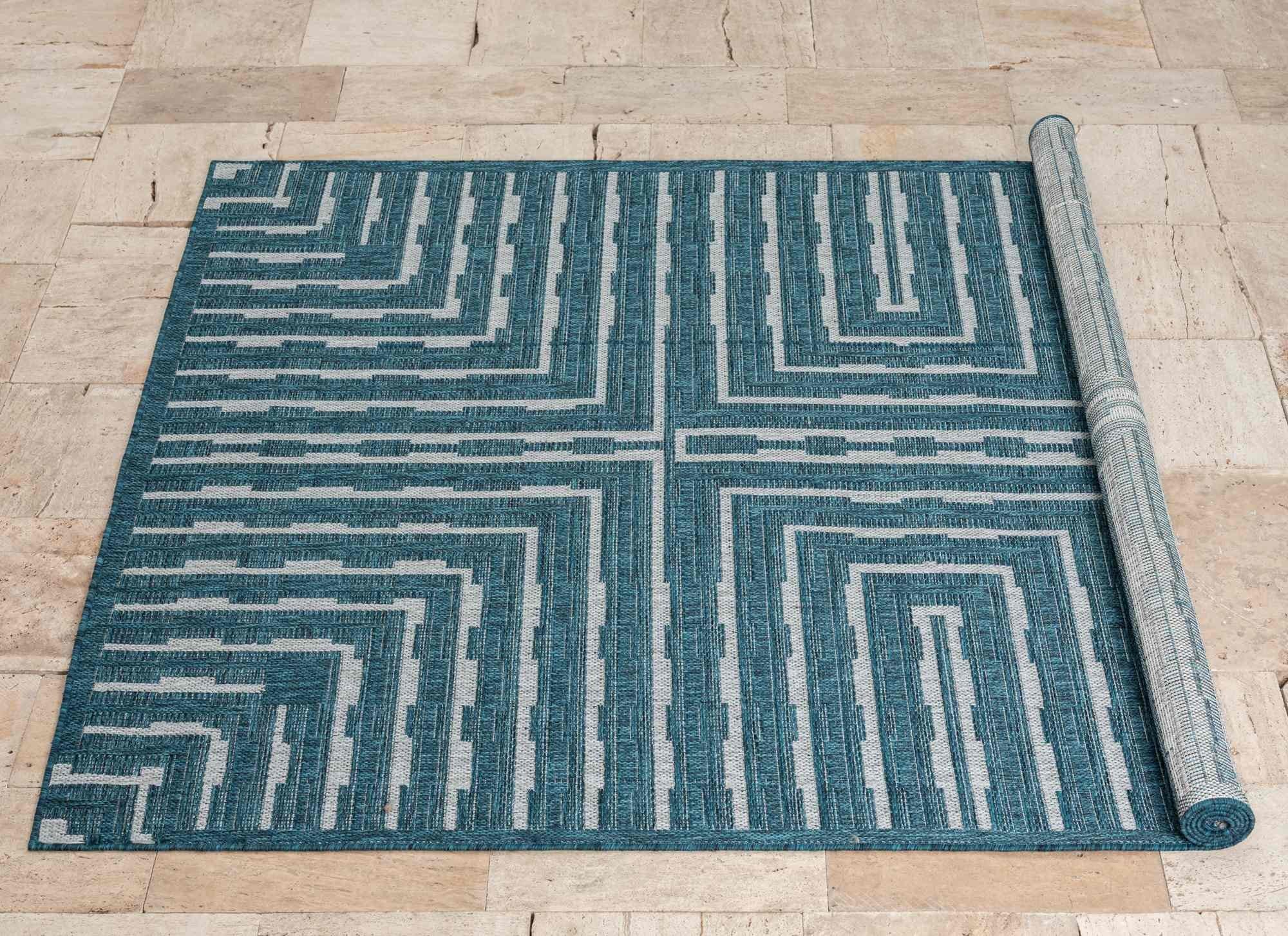Outdoor Rug for Patio or Porch – Waterproof, Stain-Proof – Geometric Stripes in Blue, Beige, Gray