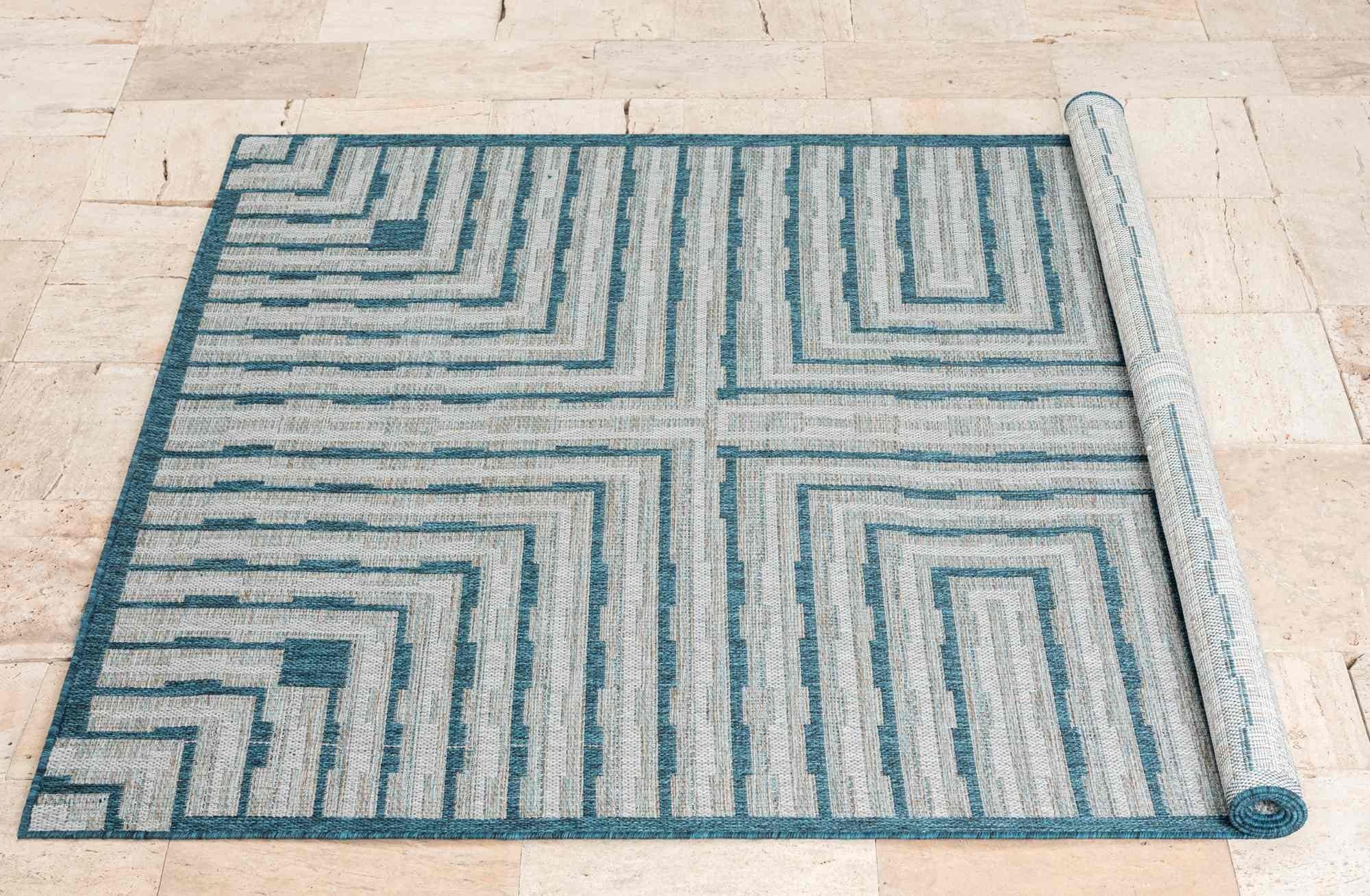 Outdoor Rug for Patio or Porch – Waterproof, Stain-Proof – Geometric Stripes in Blue, Beige, Gray