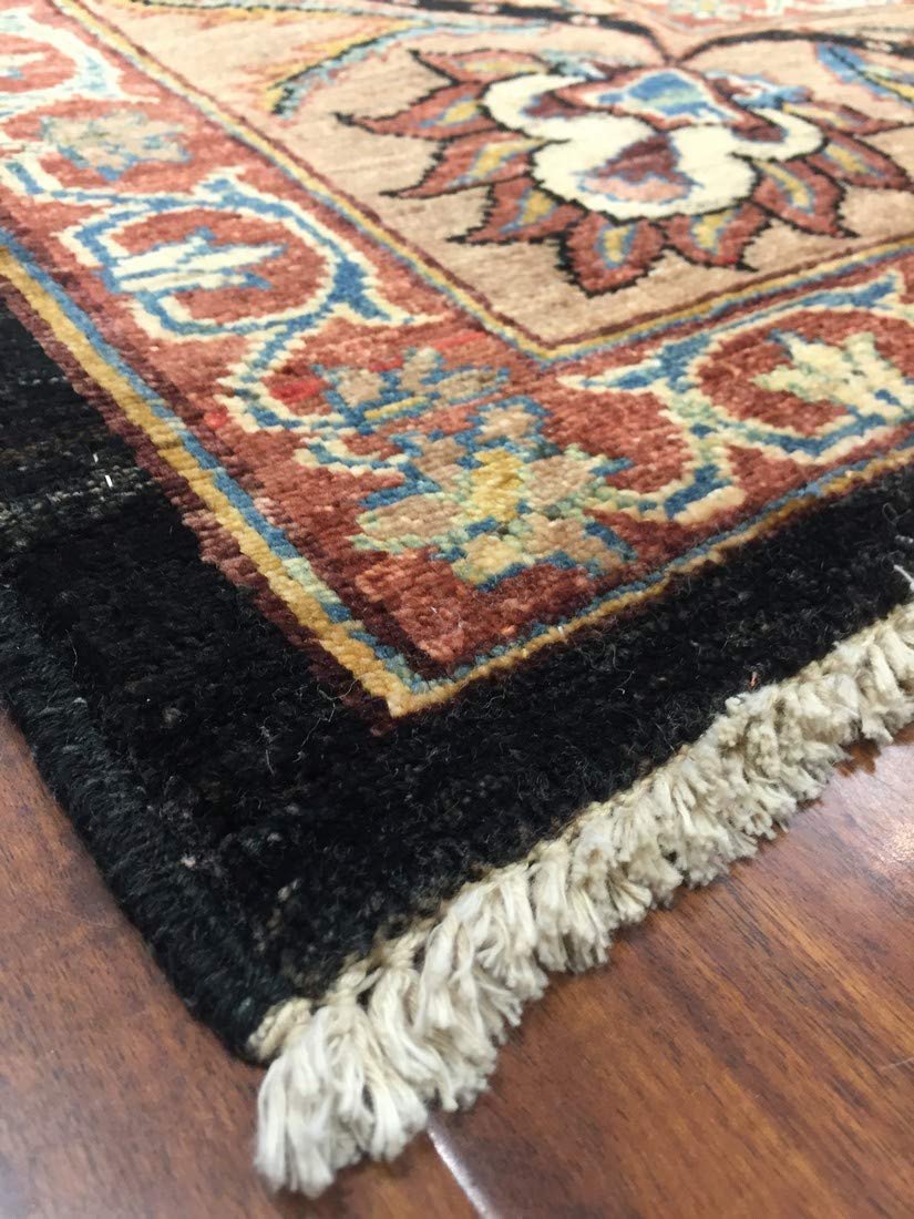 Authentic Handmade fine Pakistani Rug-Wool Allover/Floral Pattern-Black/Gold/Multi-(7 by 8.8 Feet)