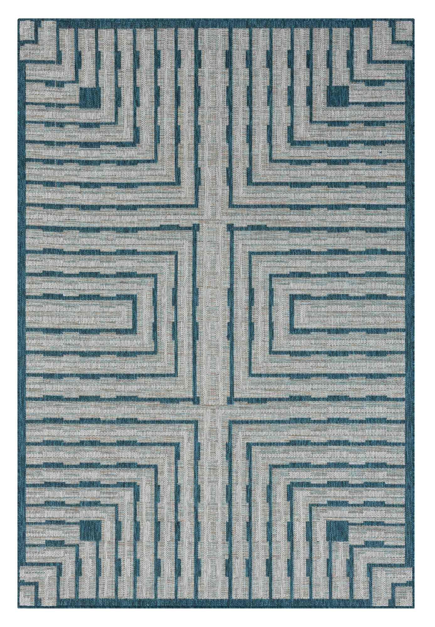 Outdoor Rug for Patio or Porch – Waterproof, Stain-Proof – Geometric Stripes in Blue, Beige, Gray