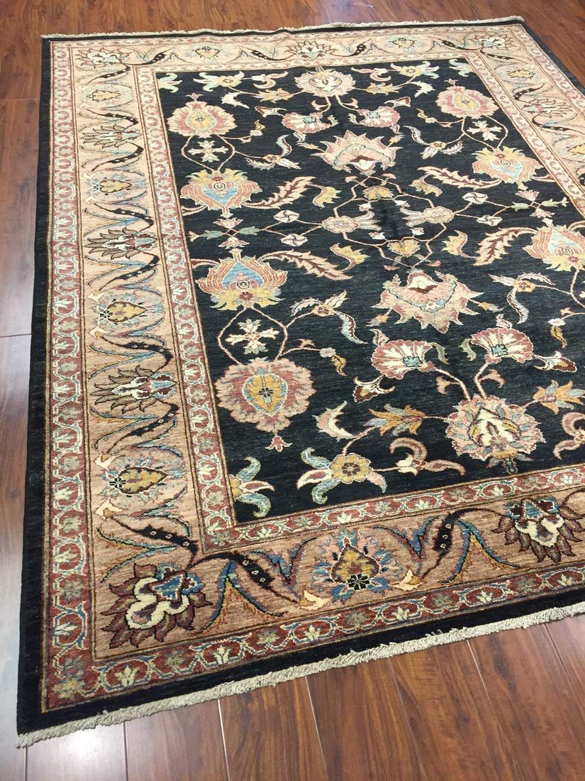 Authentic Handmade fine Pakistani Rug-Wool Allover/Floral Pattern-Black/Gold/Multi-(7 by 8.8 Feet)