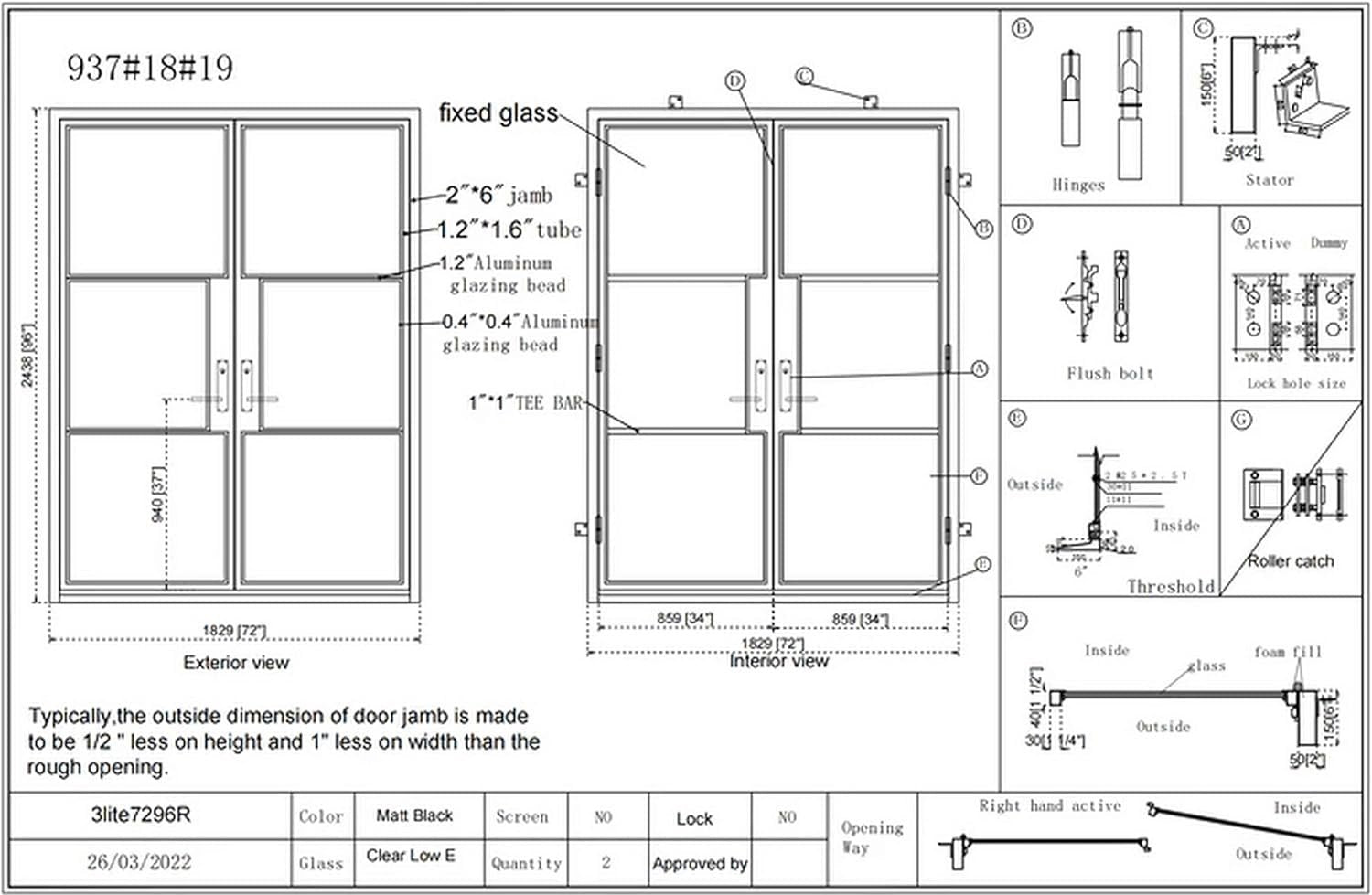 HR Left Hand Inswing Entryway 72x81 Matte Black French Iron Double Door Made of Steel | 3-Lite with kickplate | Complete with Handle and Lock | Modern Front View Design.