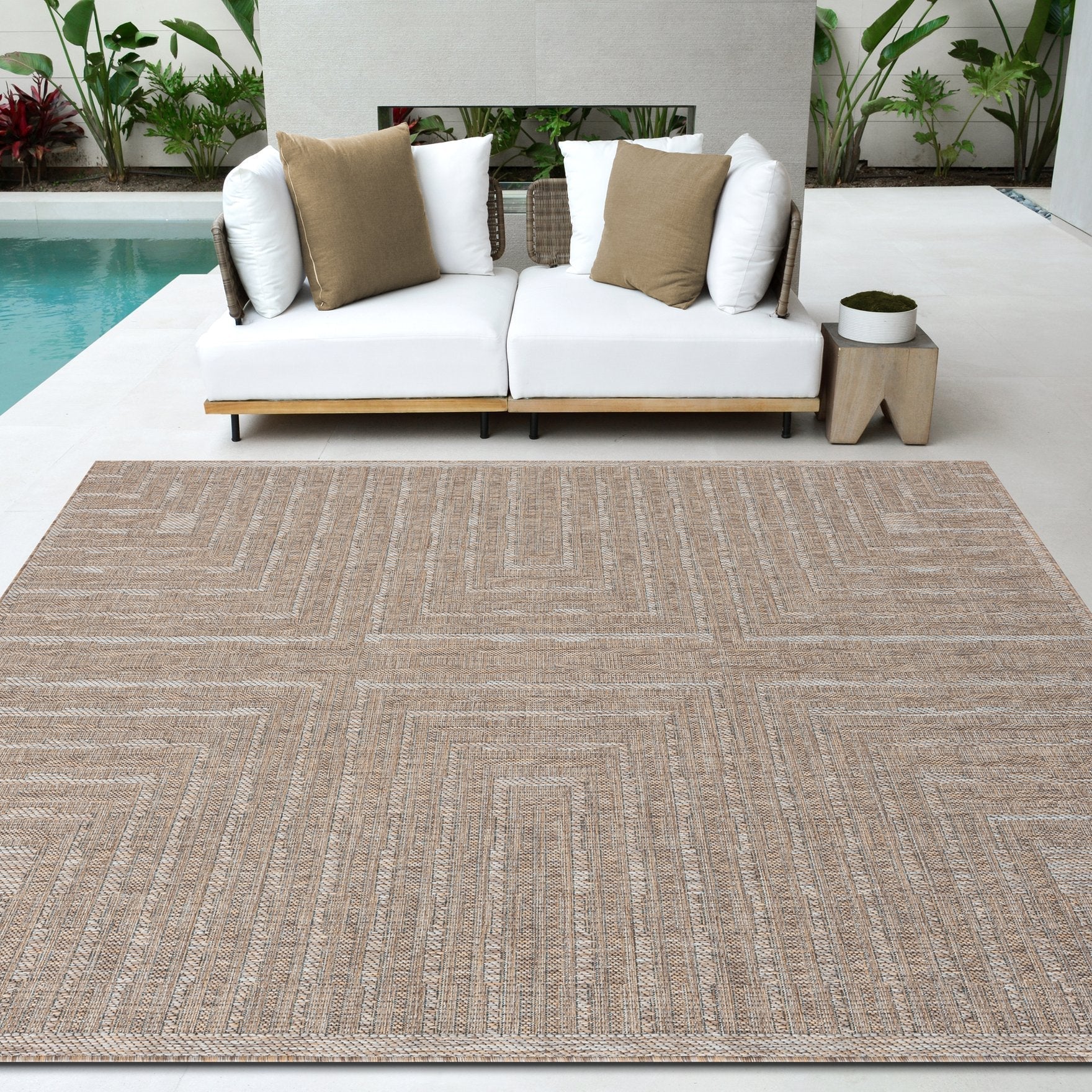 Outdoor Rug for Patio or Porch – Waterproof, Stain-Proof – Geometric Stripes in Blue, Beige, Gray